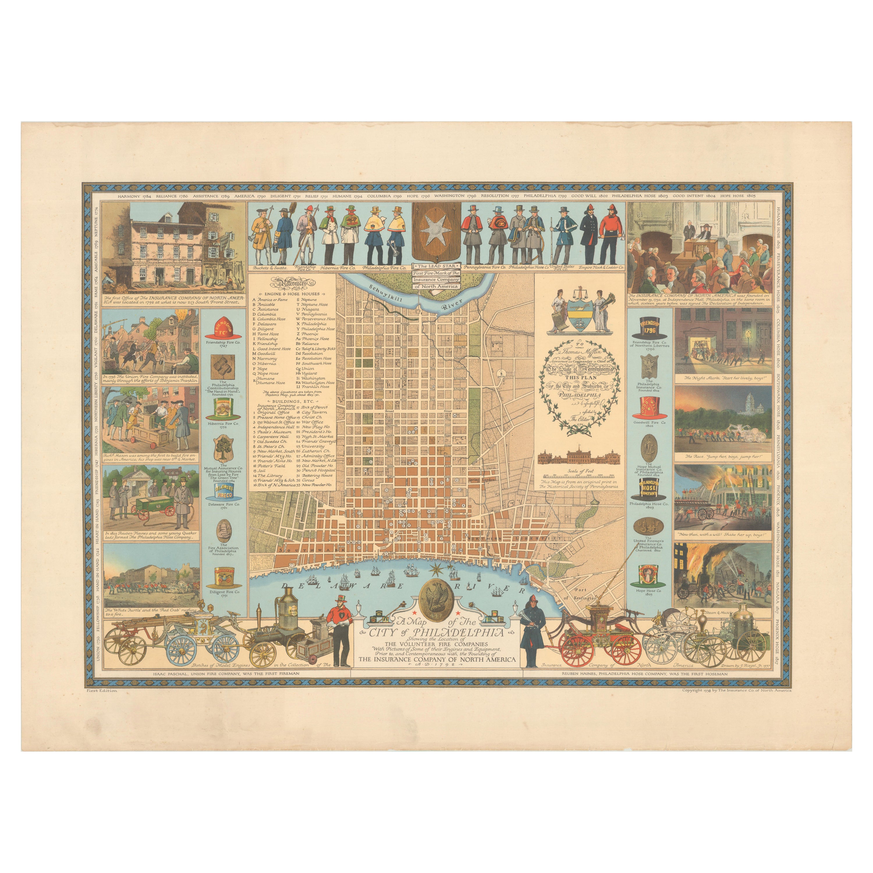 Mappa di Filadelfia con un tributo storico alle sue compagnie di vigili del fuoco volontari