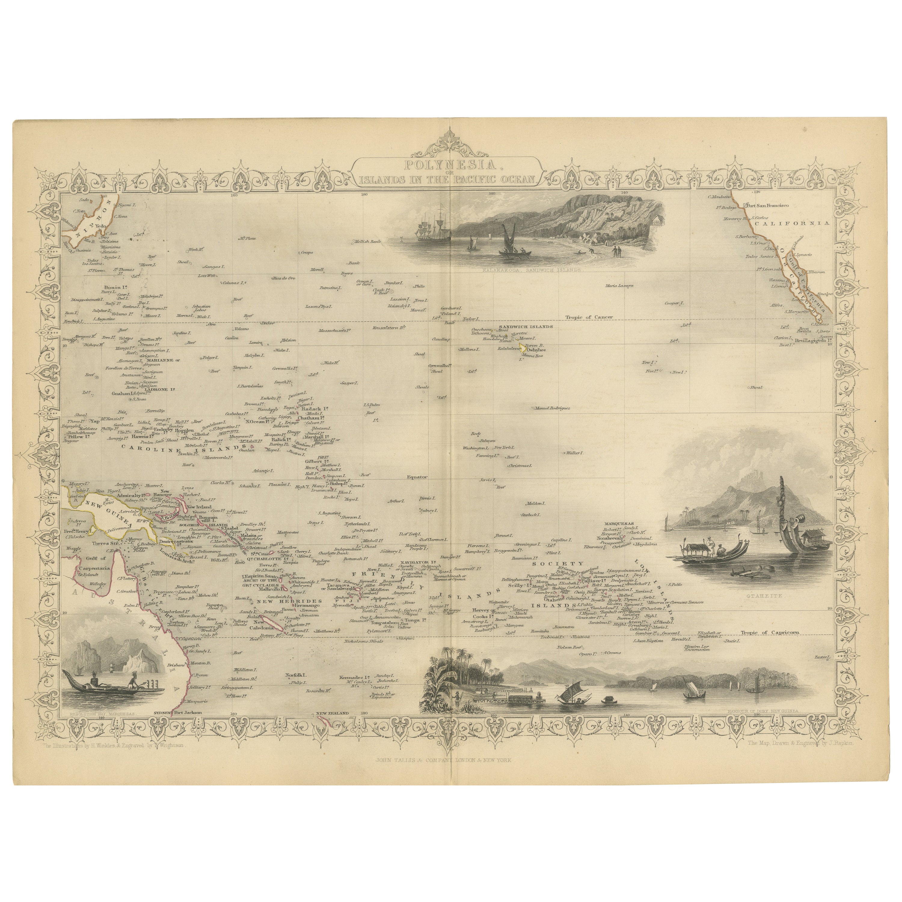 Mappa della Polinesia che evidenzia i paesaggi culturali e le attività marittime, 1851