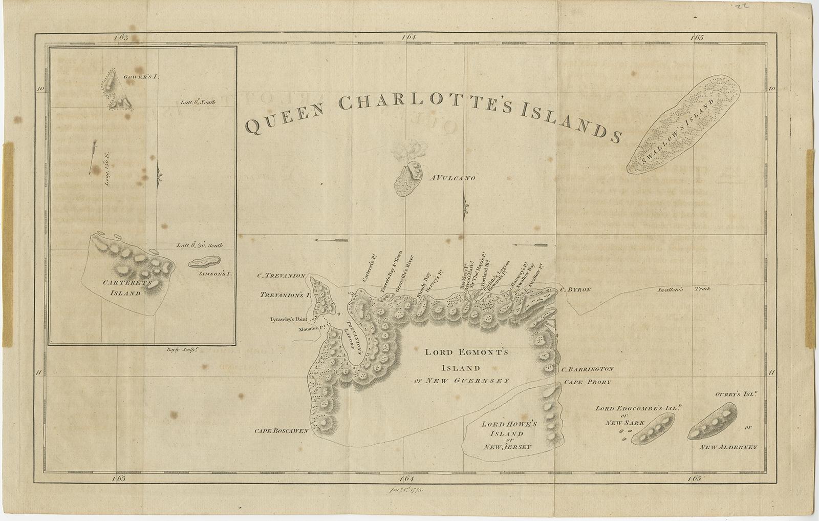 Antique map Canada titled 'Queen Charlotte's Islands'. 

Old map of Queen Charlotte's Islands, Canada. With an inset map of Carteret's, Simson's and Gower's islands. Shows the Swallow's track. Originates from 'A New, Authentic and Complete