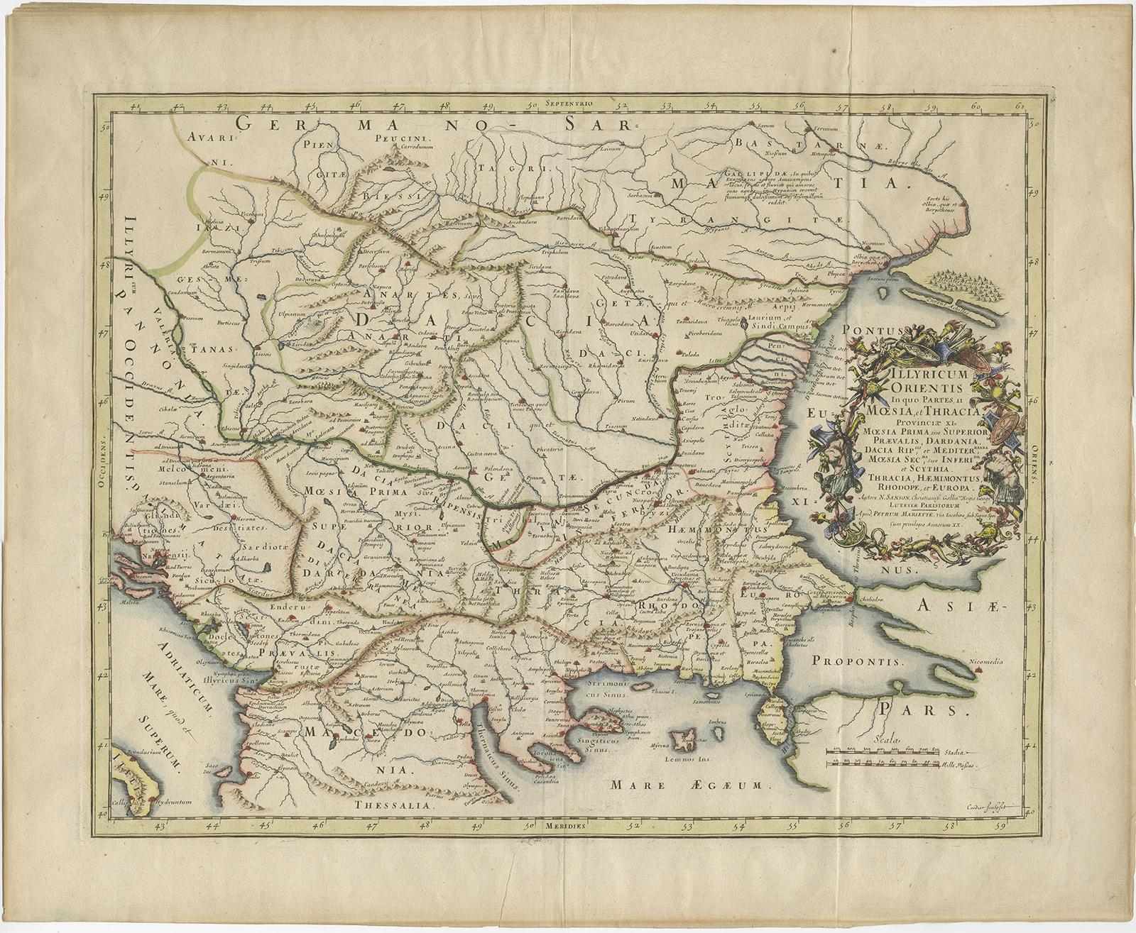 Antique map titled 'Illyricum Orientis: In quo Partes II Moesia et Thracia'. 

Engraved map of the area west of the Baltic Sea, present day Bulgaria, Romania, and Turkey. The map is based on the cartography of Nicolas Sanson and published by P.
