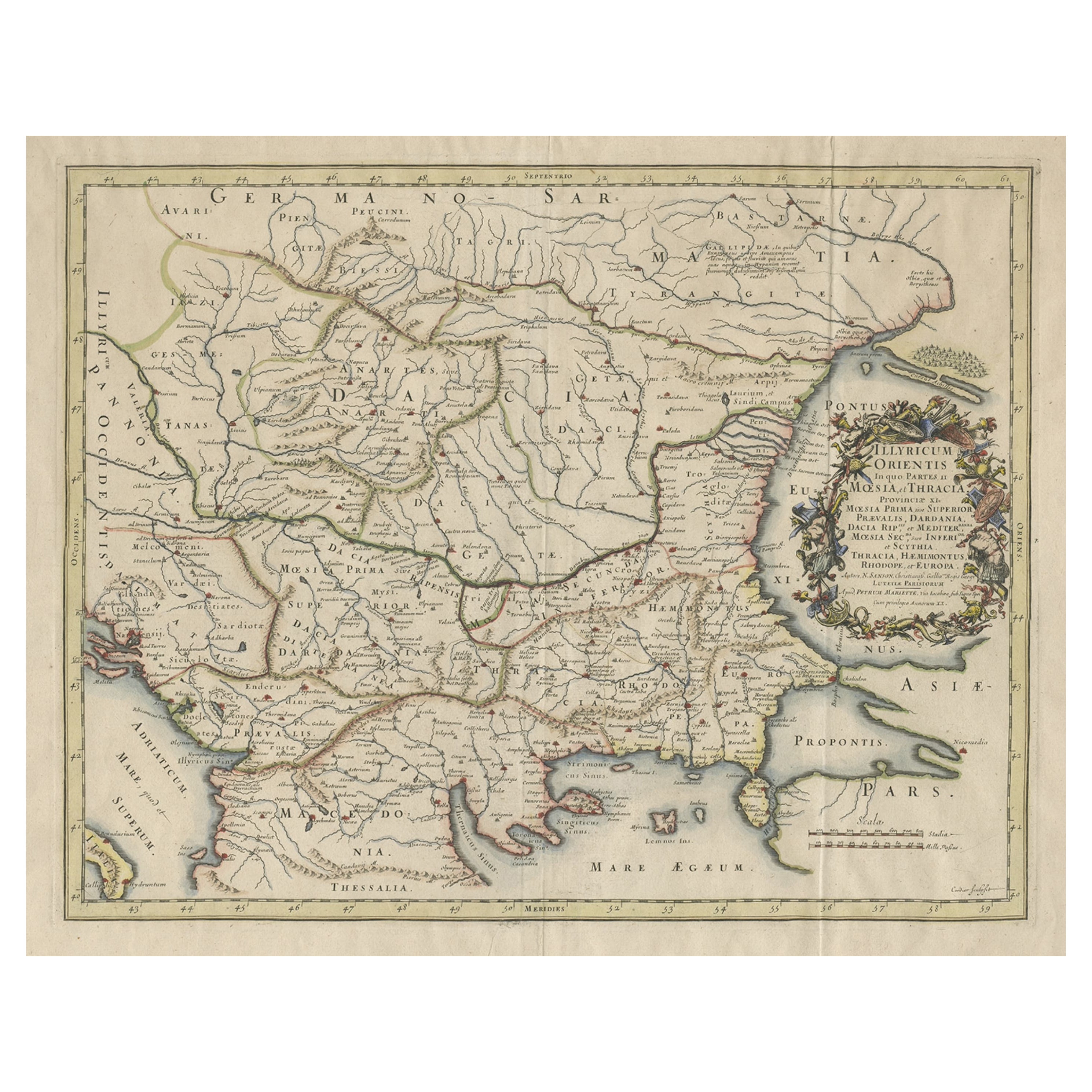 Carte de la région située près de la mer baltique, présent jour Bulgarie, Roumanie et Turquie, vers 1670