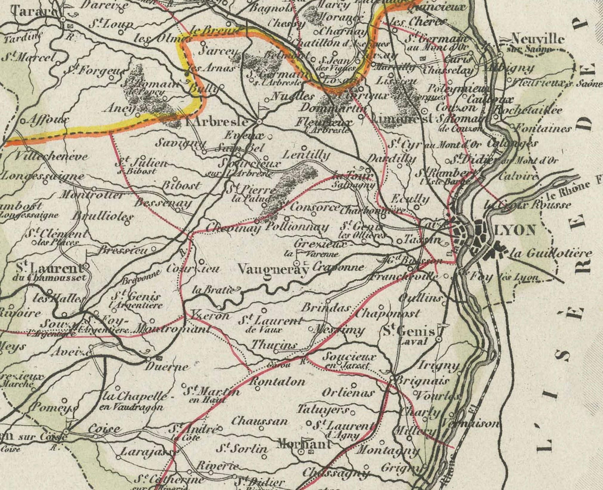 Mid-19th Century Map of Rhône: Culture and Commerce in Lyon's Silk and Wine Legacy, 1852 For Sale