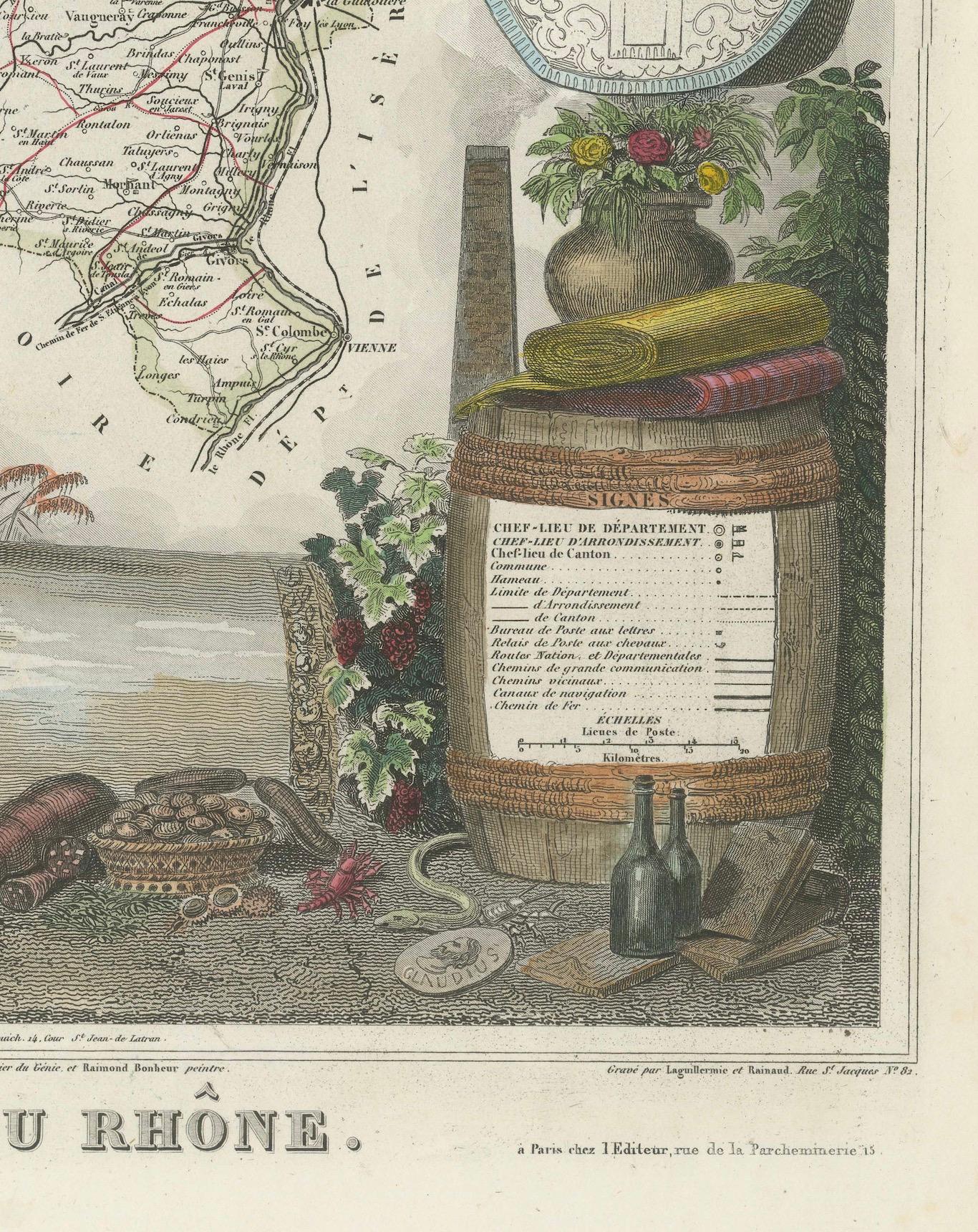Paper Map of Rhône: Culture and Commerce in Lyon's Silk and Wine Legacy, 1852 For Sale
