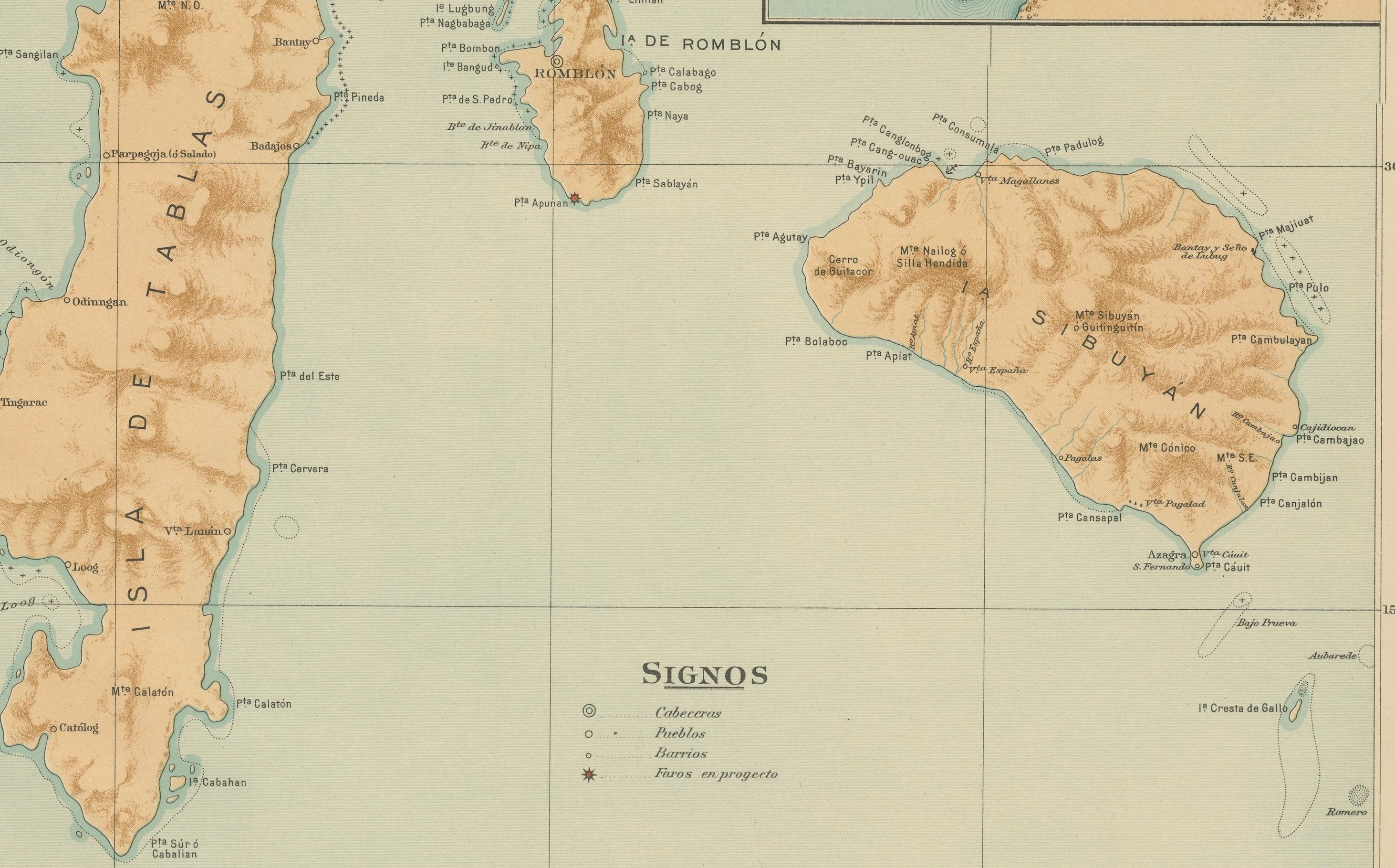 Philippine Map of Romblon, Tablas, and Sibuyan Islands – Observatorio de Manila, 1899 For Sale