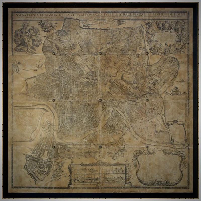 A beautifully reproduced antique map of Rome. A work of remarkable lithographic skill and artistry, the work features a delicate yet bold latin heading and a number of floriated architectural flourishes. Maybe purchased framed or unframed, and is