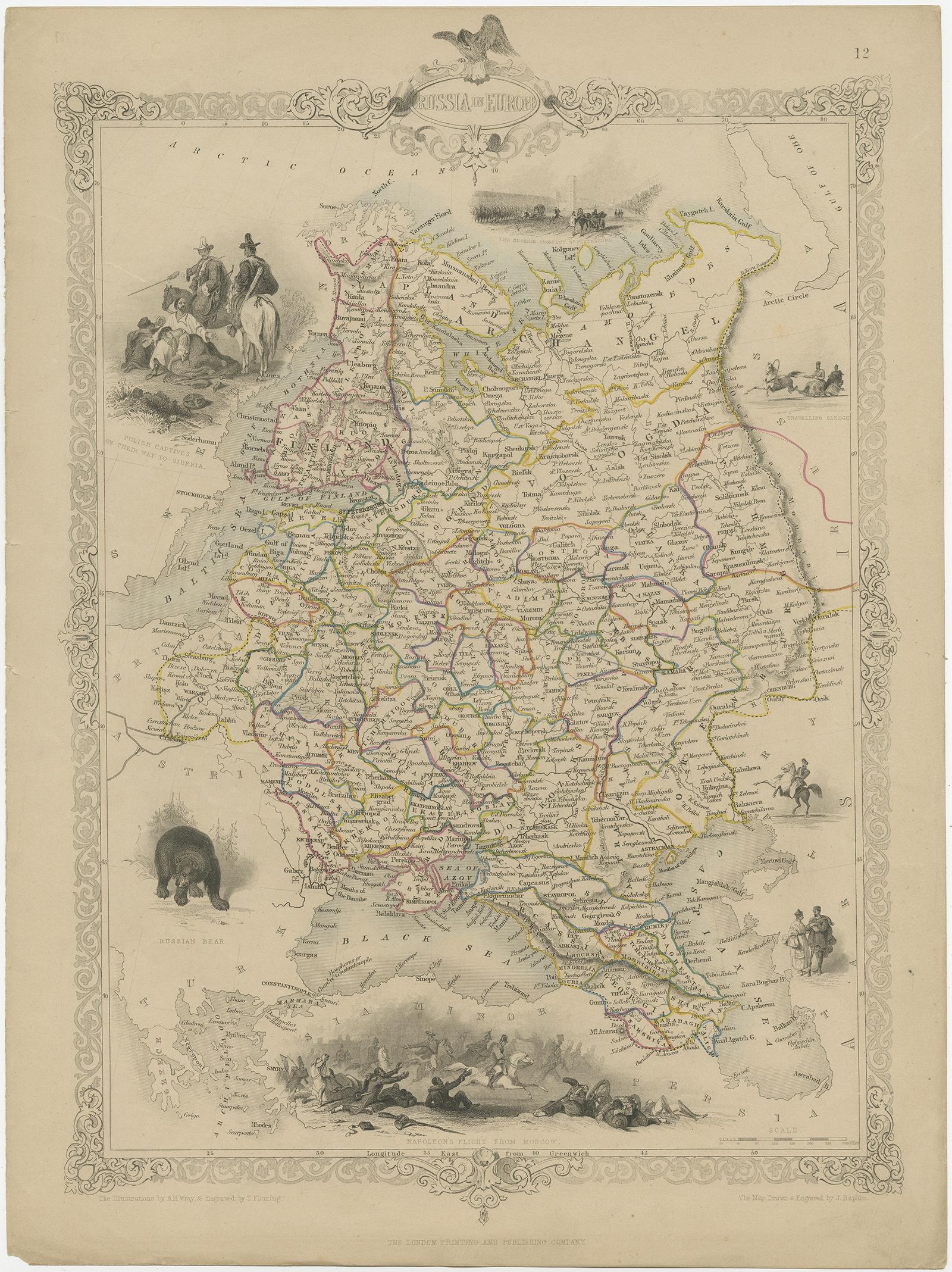 Antique map titled 'Russia in Europe'. 

Map of European Russia. Showing vignettes of the Neoskoi Prospect, St. Petersburg, Polish Captives on their way to Siberia, a Russian Bear, Russian Horseman, Travelling Sledge, costumed Russians, and