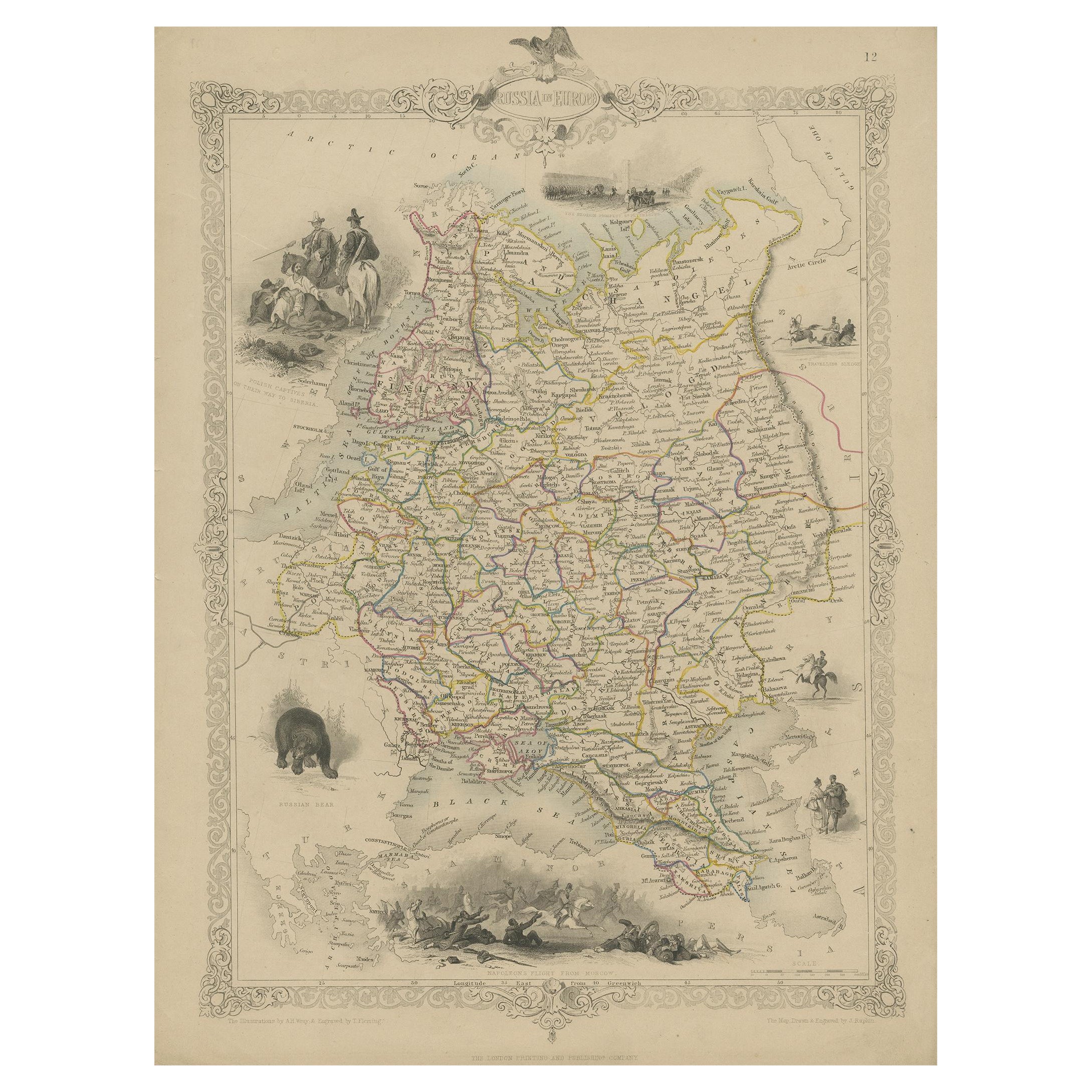 Mappa della Russia con vignette della Prospettiva Neoskoi, San Pietroburgo, 1851 ca. in vendita