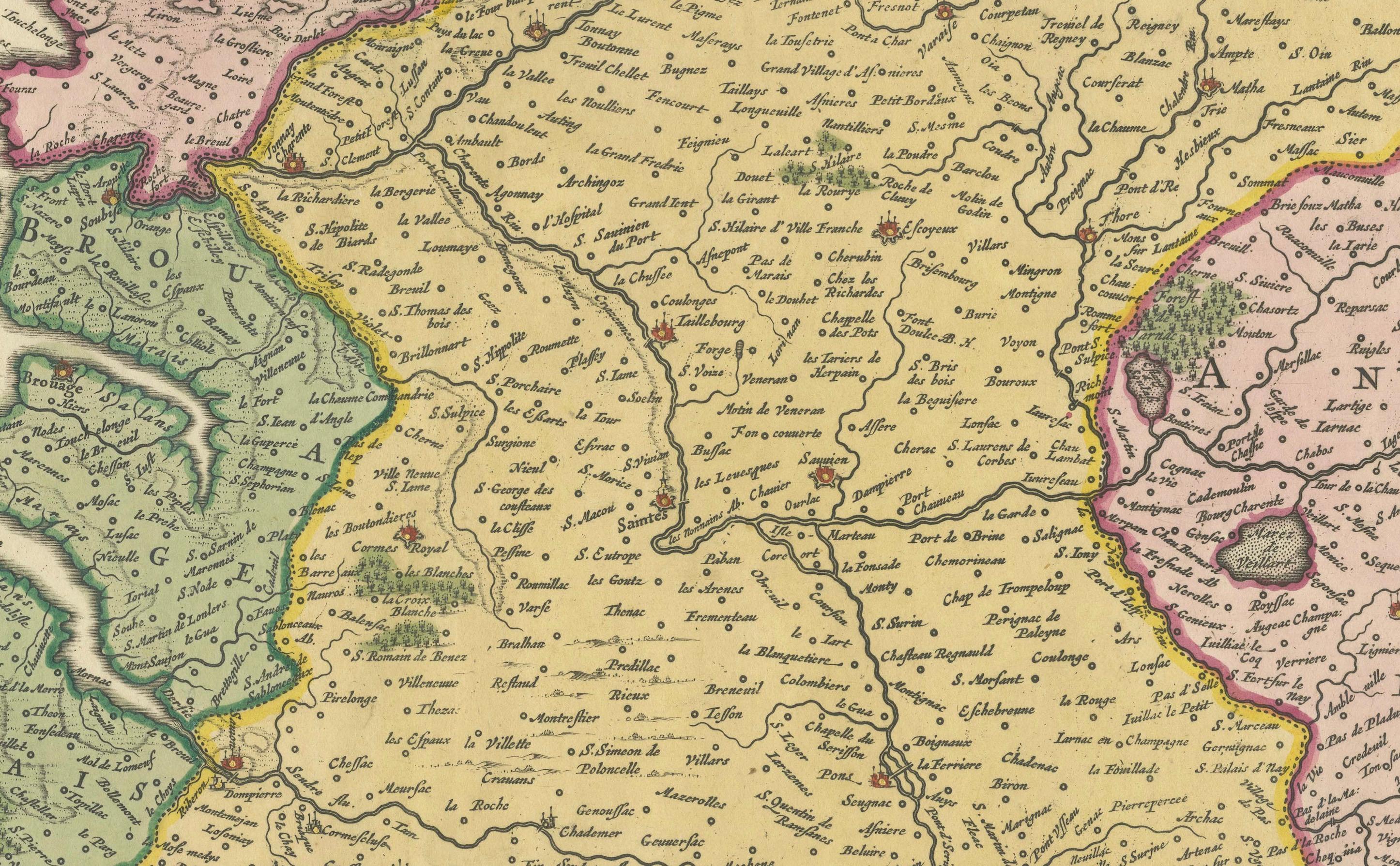 Karte von Saintonge und Aunis, mit der Küste der Charente und Cognac, 1665

Diese wunderschöne handkolorierte antike Karte mit dem Titel *Xaintonge, avec Le Pays D'Avlnis* (Saintonge, mit dem Land von Aunis) wurde ursprünglich 1665 veröffentlicht