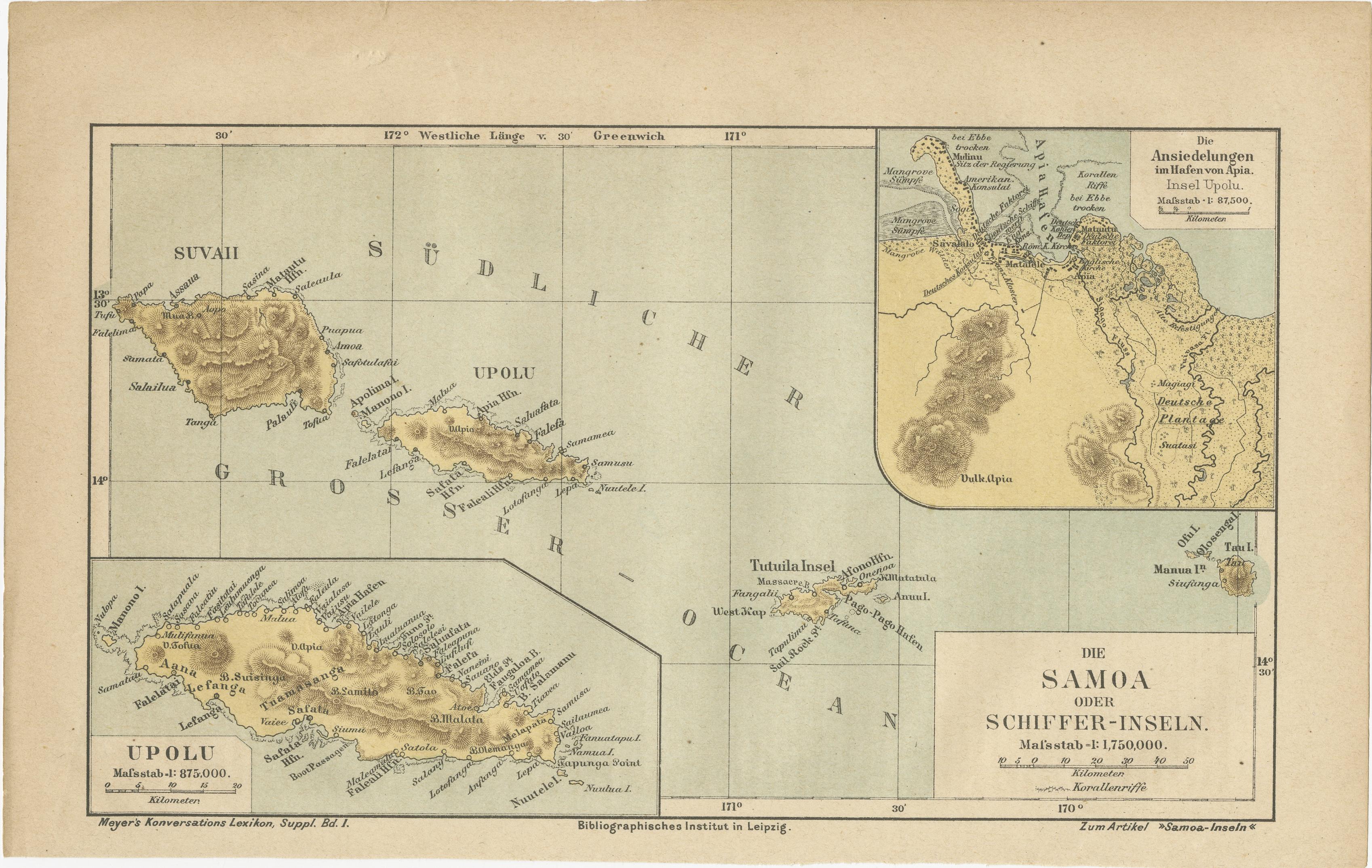 Mappa di Samoa o Schiffer-Inseln (Isole dei Navigatori) - Carta geografica tedesca del XIX secolo in vendita 1