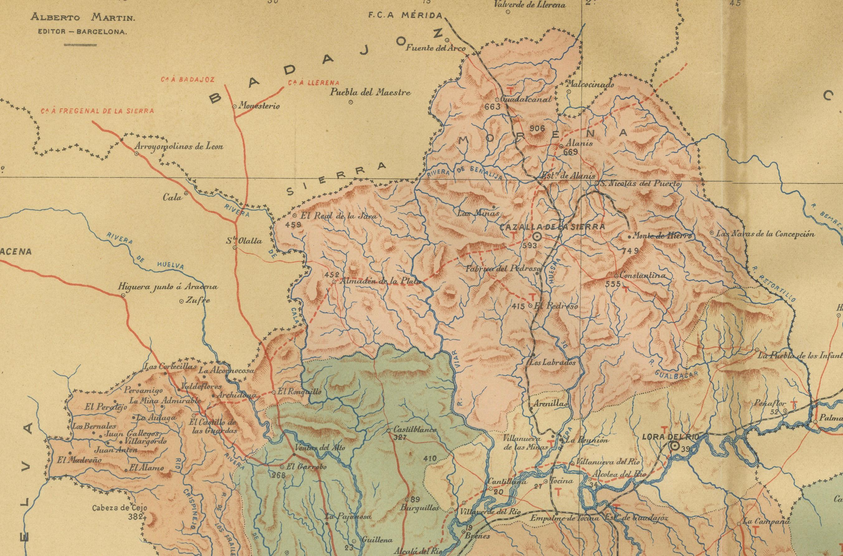 Map of Sevilla Province, 1901: A Depiction of The Spanish Cultural Heartland In Good Condition For Sale In Langweer, NL