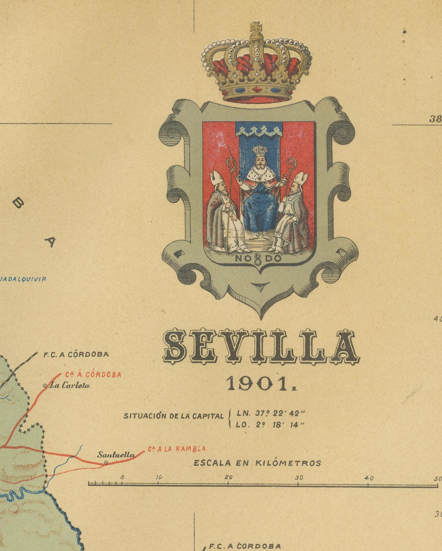 Early 20th Century Map of Sevilla Province, 1901: A Depiction of The Spanish Cultural Heartland For Sale