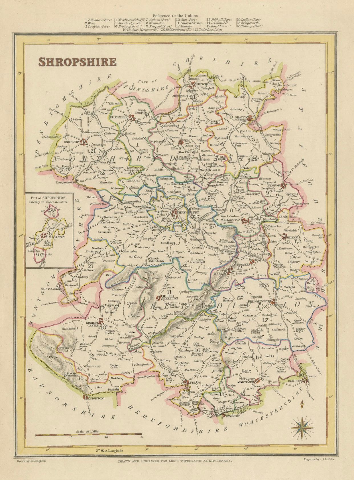 Old Map of Shropshire by Samuel Lewis, 1844: Telford, Shrewsbury, Oswestry, Bridgnorth, and Wellington
 
This 1844 map of Shropshire is an antique engraving from Samuel Lewis' Topographical Dictionary. It features a detailed depiction of the