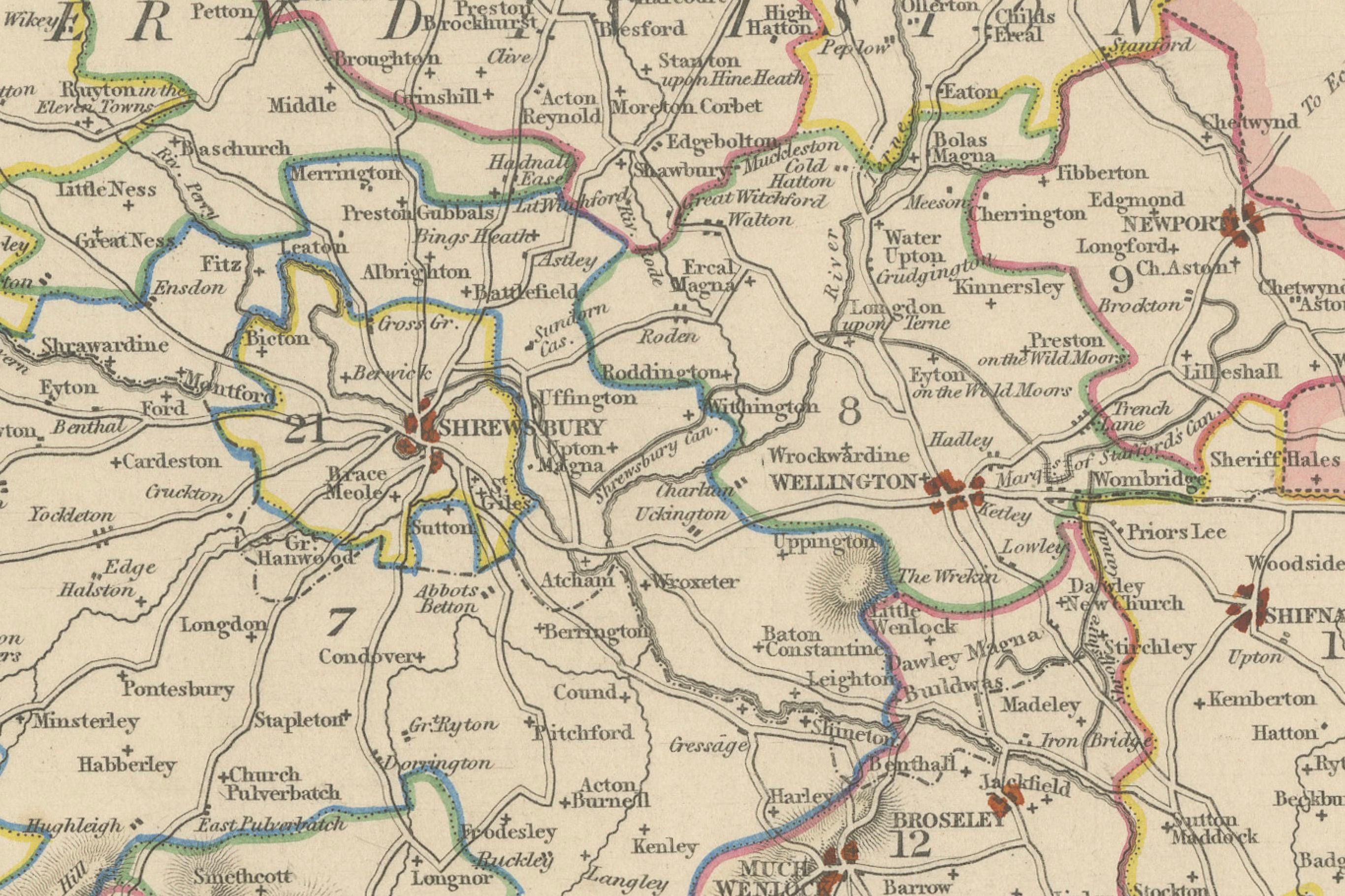 Map of Shropshire, 1844: Telford, Shrewsbury, Oswestry, Bridgnorth & Wellington In Good Condition For Sale In Langweer, NL