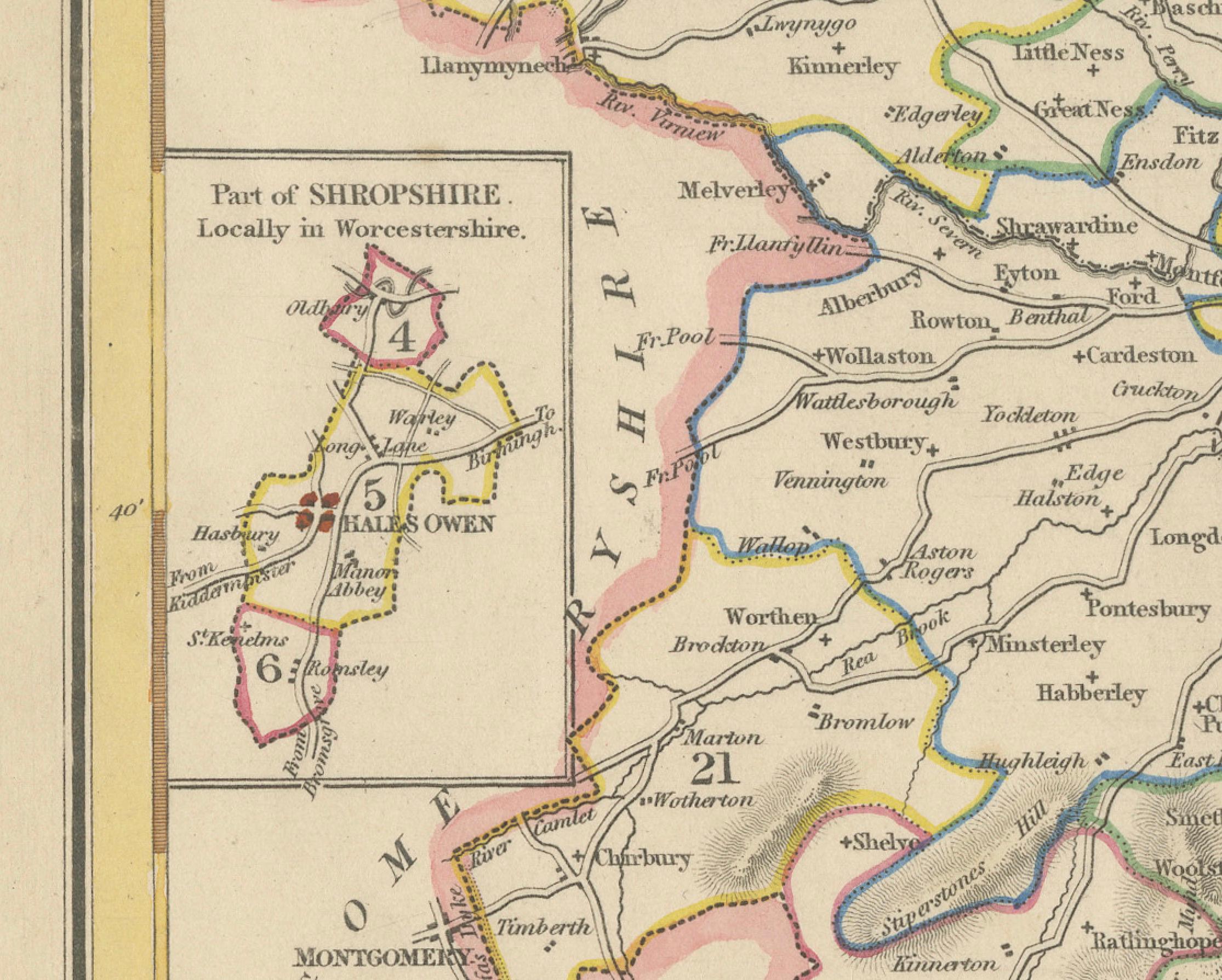 Mid-19th Century Map of Shropshire, 1844: Telford, Shrewsbury, Oswestry, Bridgnorth & Wellington For Sale