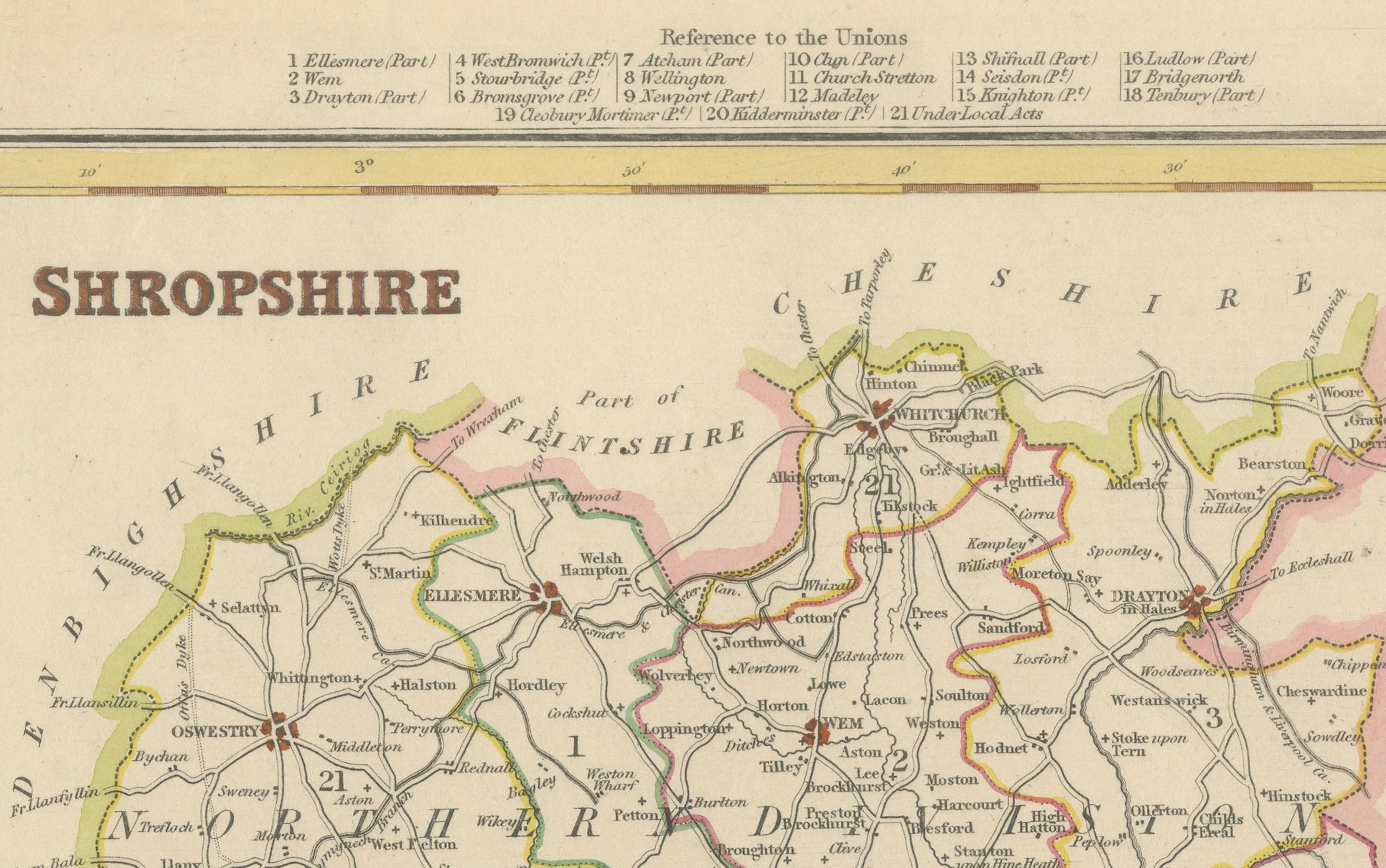 Paper Map of Shropshire, 1844: Telford, Shrewsbury, Oswestry, Bridgnorth & Wellington For Sale