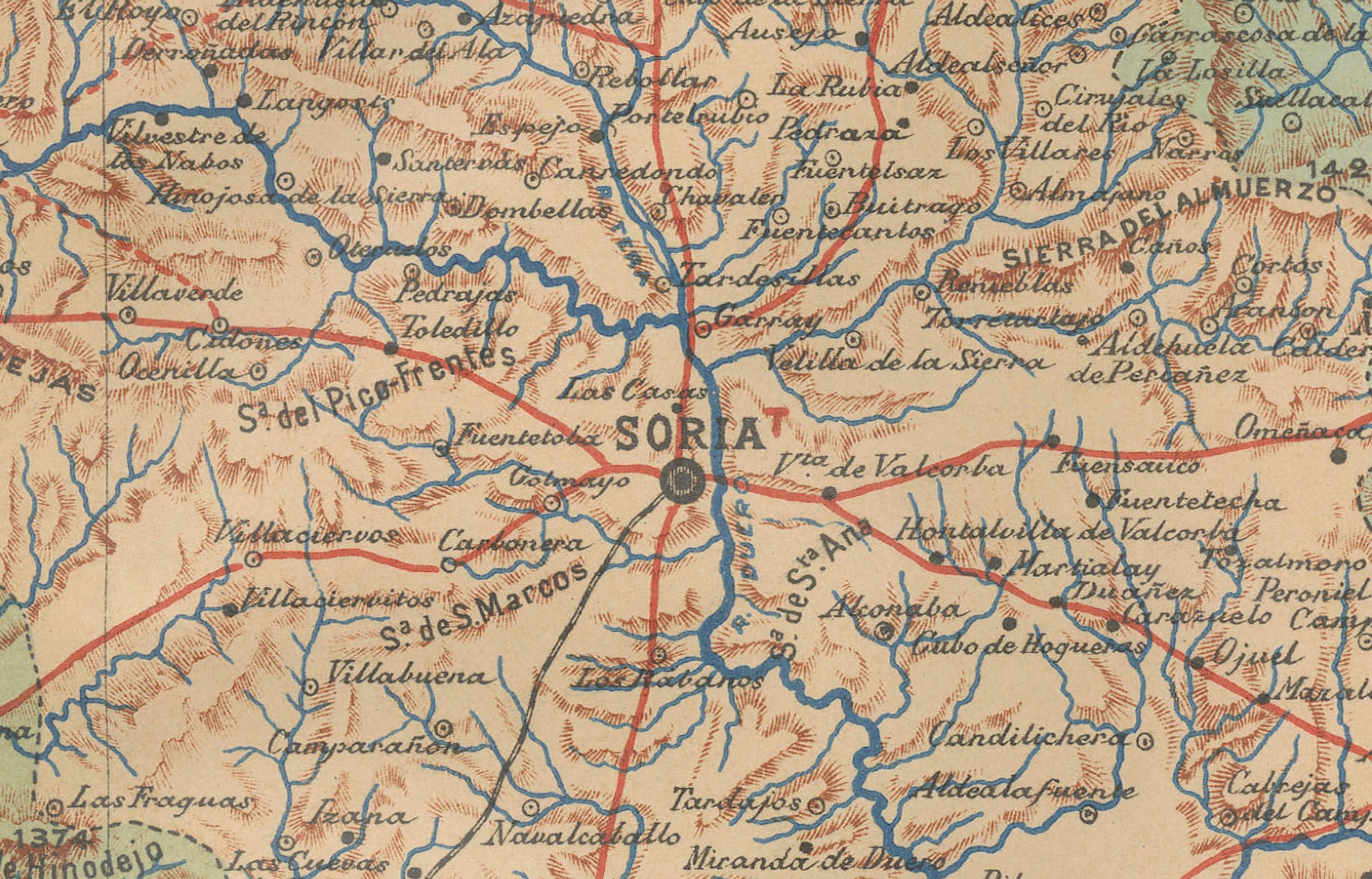 Die Karte ist eine historische Karte der Provinz Soria aus dem Jahr 1901. 

Ein dekoratives Wappen unterstreicht die Ästhetik der Karte und weist auf die historische und kulturelle Bedeutung von Soria hin. Die Verwendung von Farben ist sowohl