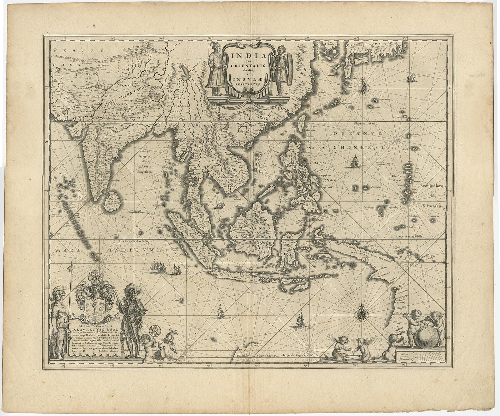 Antique map titled 'India quae Orientalis dicitur et Insulae adiacentes'. 

Map of Southeast Asia, extending from India to Tibet to Japan to New Guinea. This map is one of the first to show a number of the early Dutch discoveries in