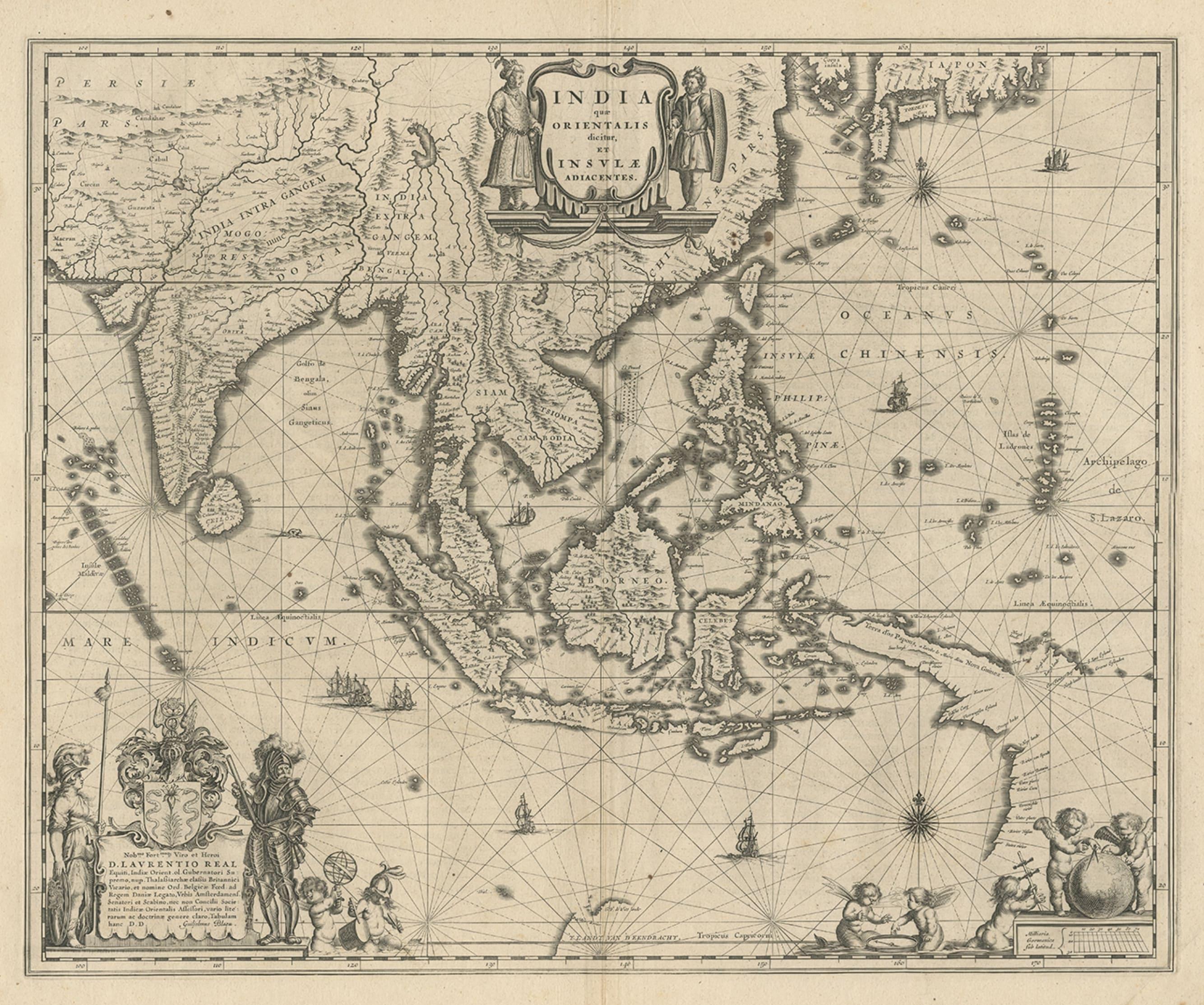 Carte du Southeast Asia, s'étendant de l'Inde au Tibet et du Japon à la Nouvelle-Guinée, 1640 Bon état - En vente à Langweer, NL