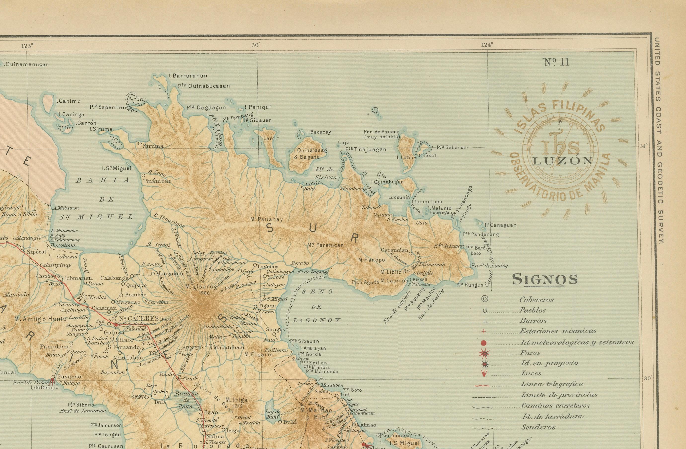 Title: Map of Southeastern Luzon and Mayon Volcano – Observatorio de Manila, 1899

This detailed chromolithographed map titled “Islas Filipinas – Luzón” was produced in 1899 under the direction of Rev. José Algué, S.J., Director of the Observatorio