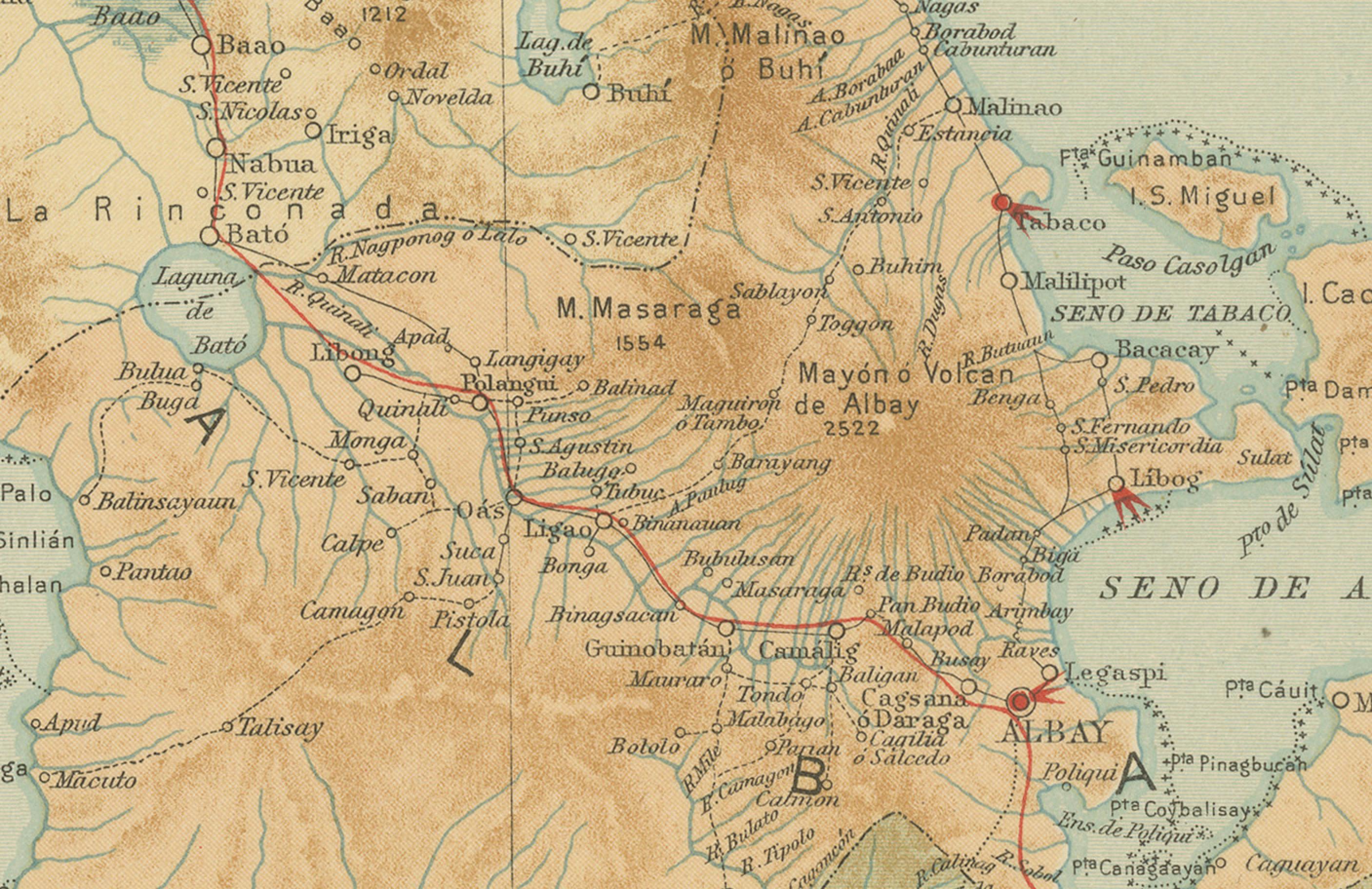 Philippine Map of Southeastern Luzon and Mayon Volcano – Observatorio de Manila, 1899 For Sale