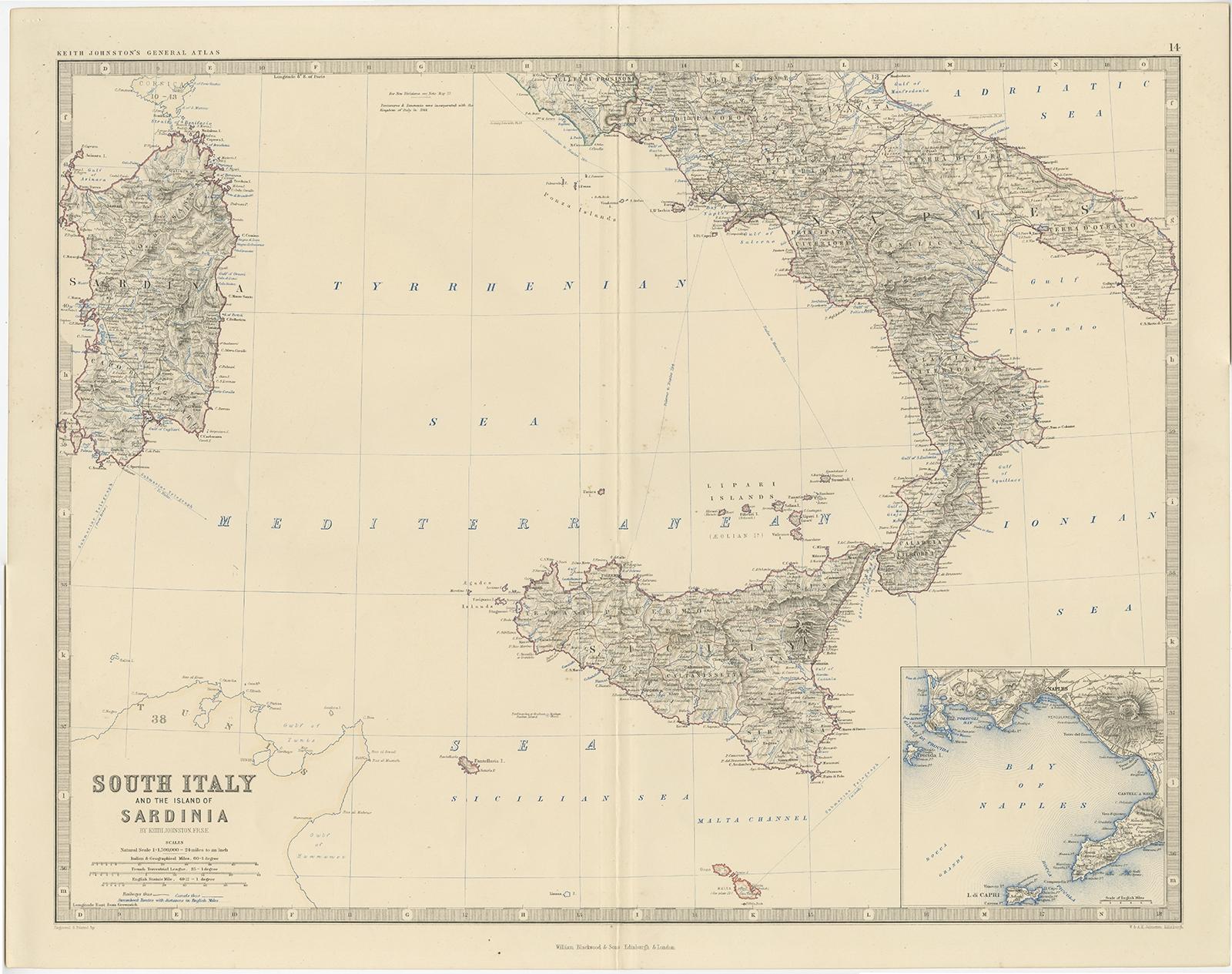 Antique map titled 'South Italy and the Island of Sardinia'. 

Old map of Southern Italy and the island of Sardinia. With an inset map of the Bay of Naples. Originates from 'The Royal Atlas Of Modern Geography Exhibiting, In A Series Of Entirely