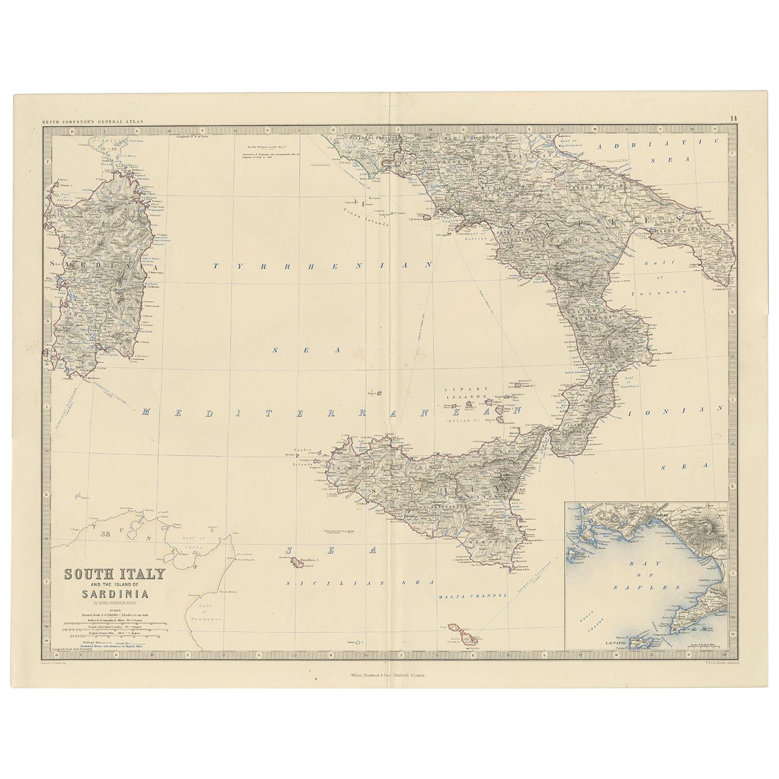 Carte du sud de l'Italie englobant la Sardaigne et l'insigne de la baie de Naples, vers 1860