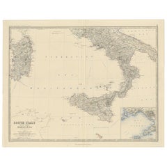 Carte du sud de l'Italie englobant la Sardaigne et l'insigne de la baie de Naples, vers 1860