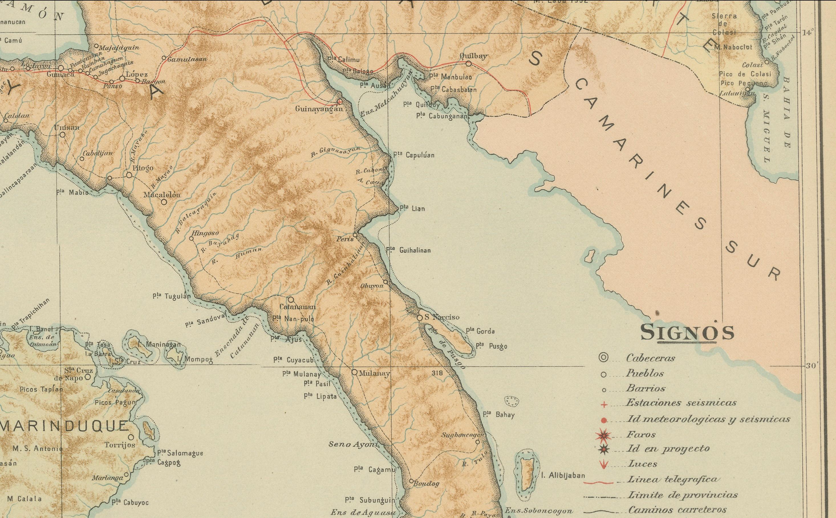 Late 19th Century Map of Southern Luzon and Camarines Provinces – Observatorio de Manila, 1899 For Sale