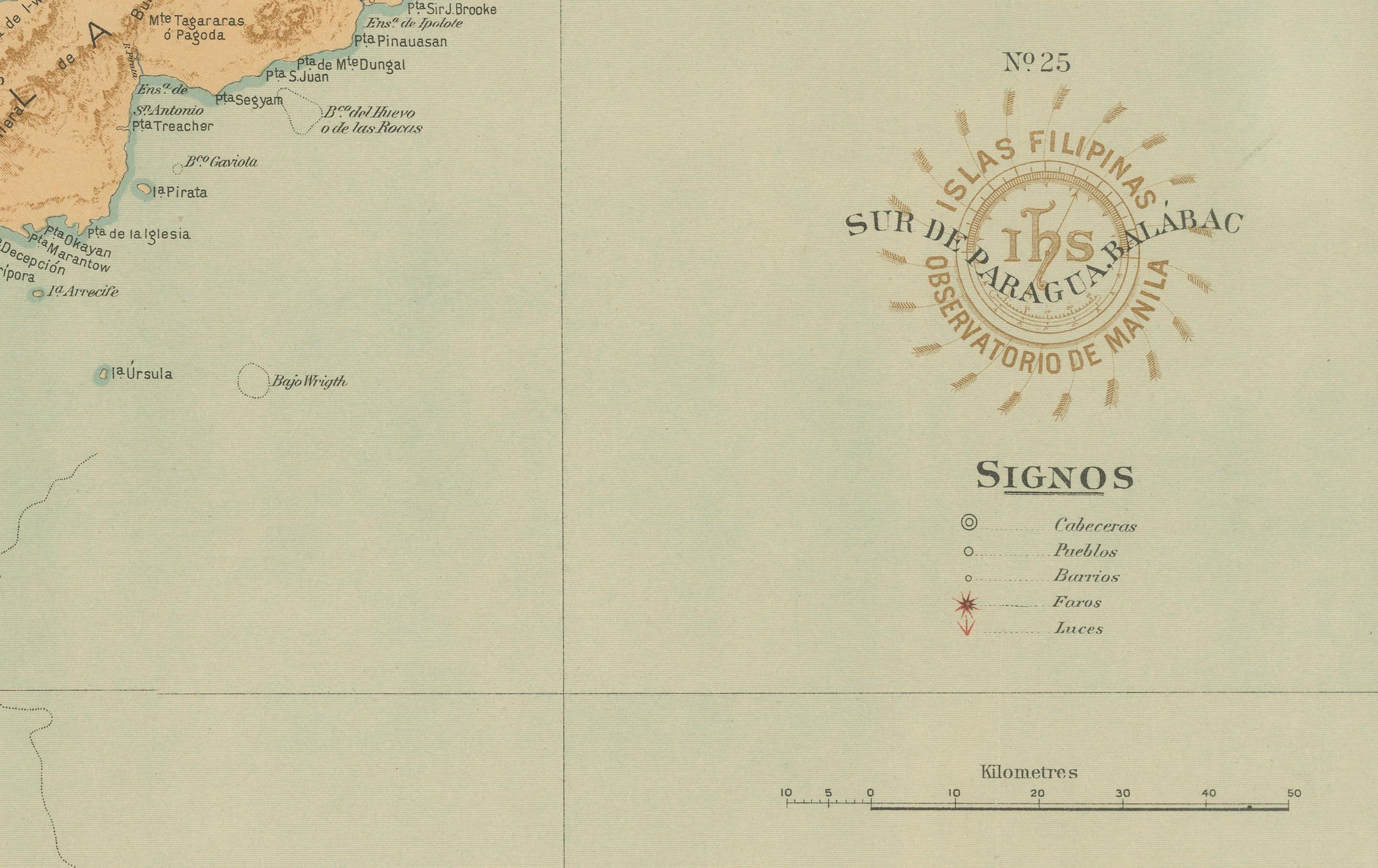 Map of Southern Palawan and the Balabac Islands – Observatorio de Manila, 1899

This original chromolithograph titled “Islas Filipinas – Sur de Paragua y Balabac” was produced under the direction of Rev. José Algué, S.J., Director of the