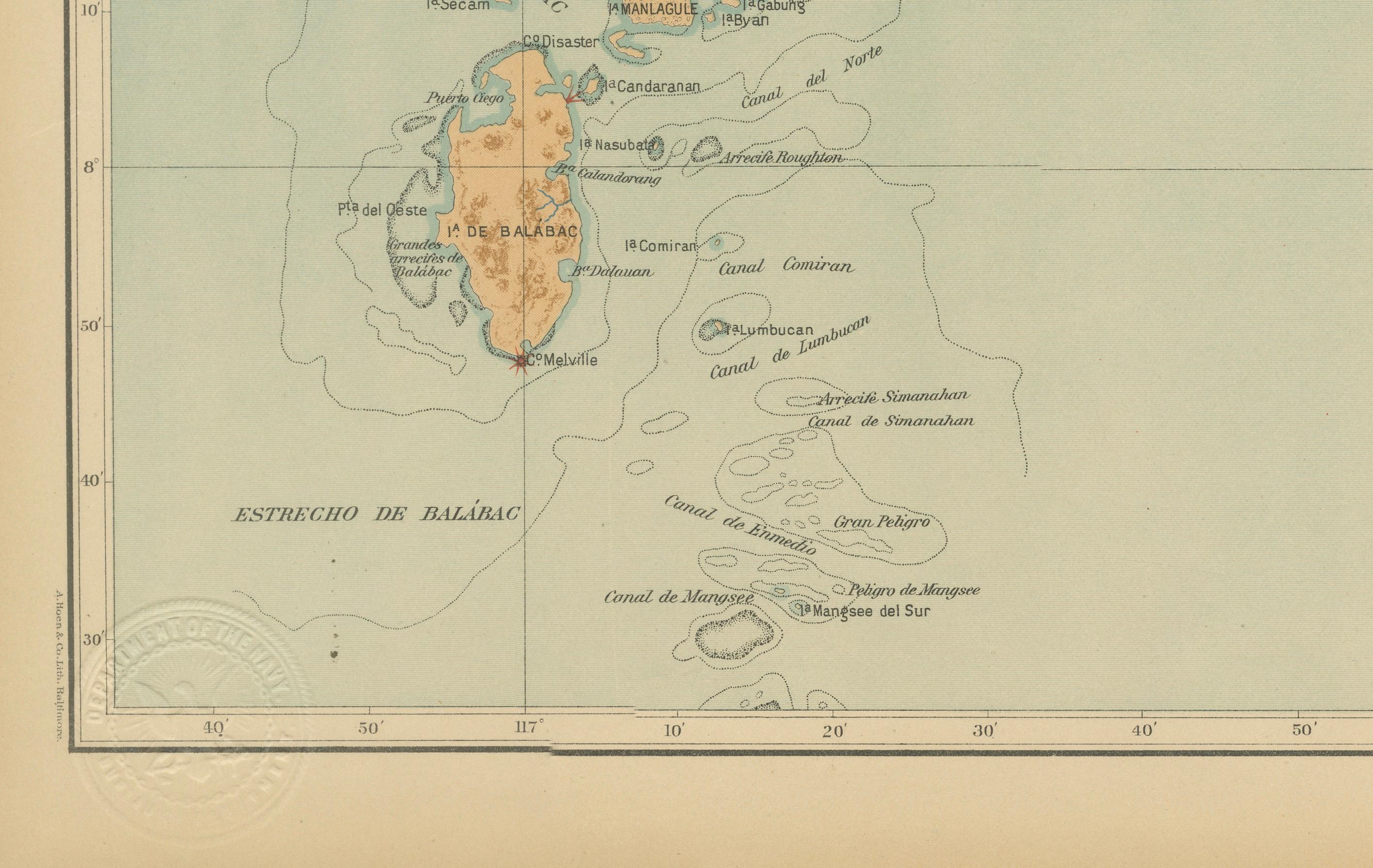 Philippine Map of Southern Palawan and the Balabac Islands – Observatorio de Manila, 1899 For Sale