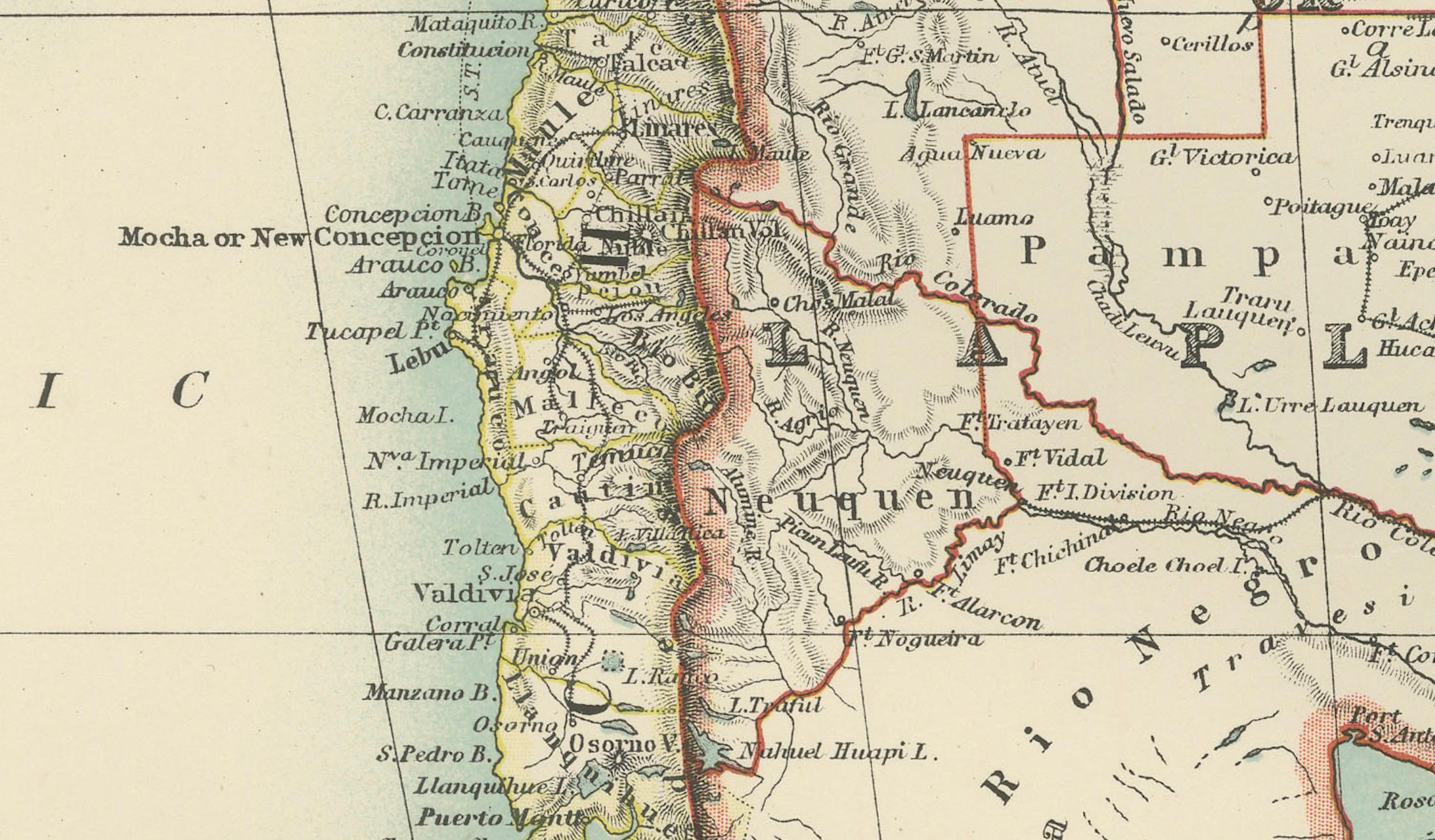 Título (80 caracteres, primero la palabra clave):
Mapa del sur de Sudamérica - Grabado ricamente detallado de Keith Johnston, 1903

Descripción:
Este elegante mapa titulado 