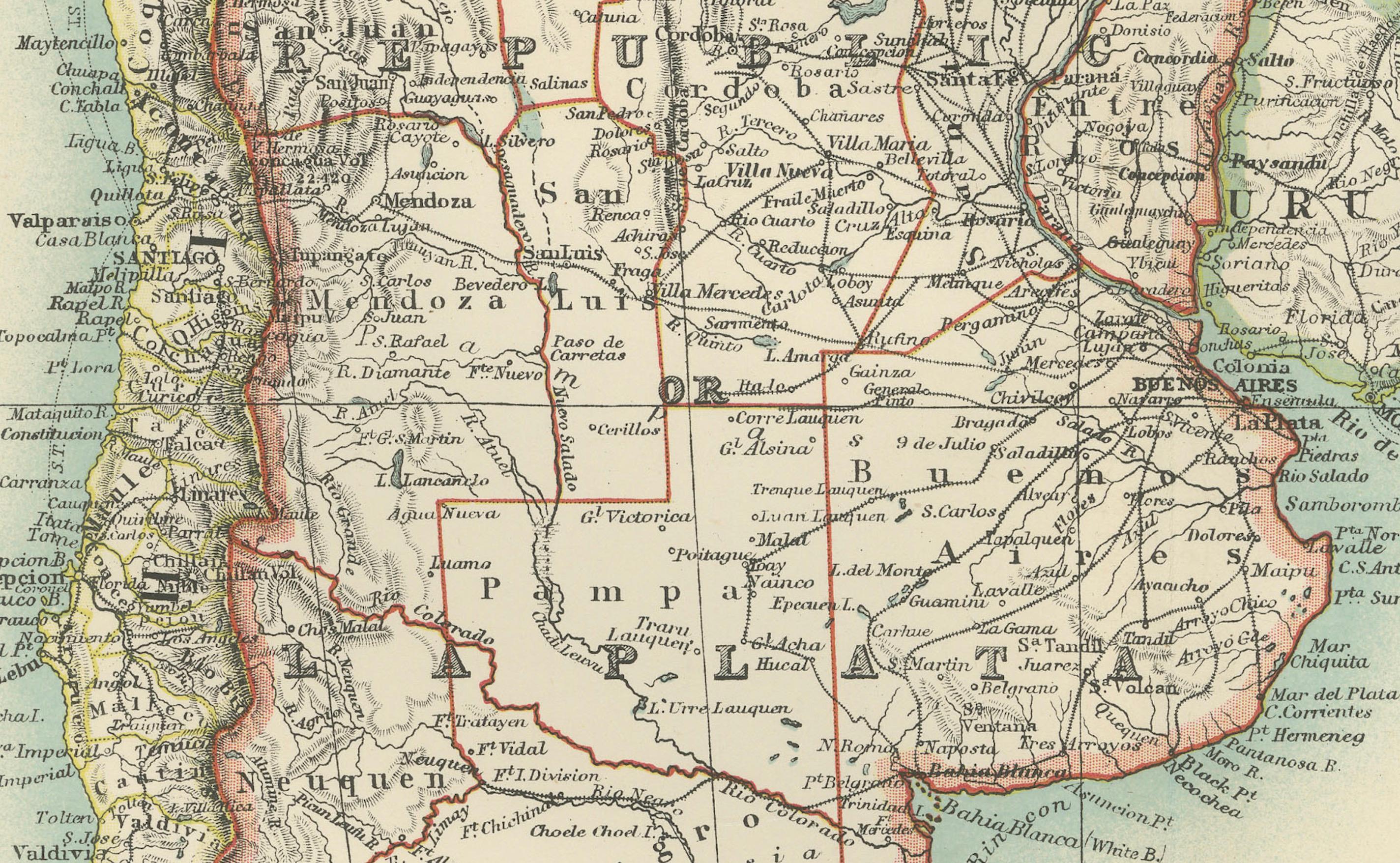 Mapa del sur de Sudamérica - Grabado ricamente detallado de K.Johnston, 1903 en venta 1