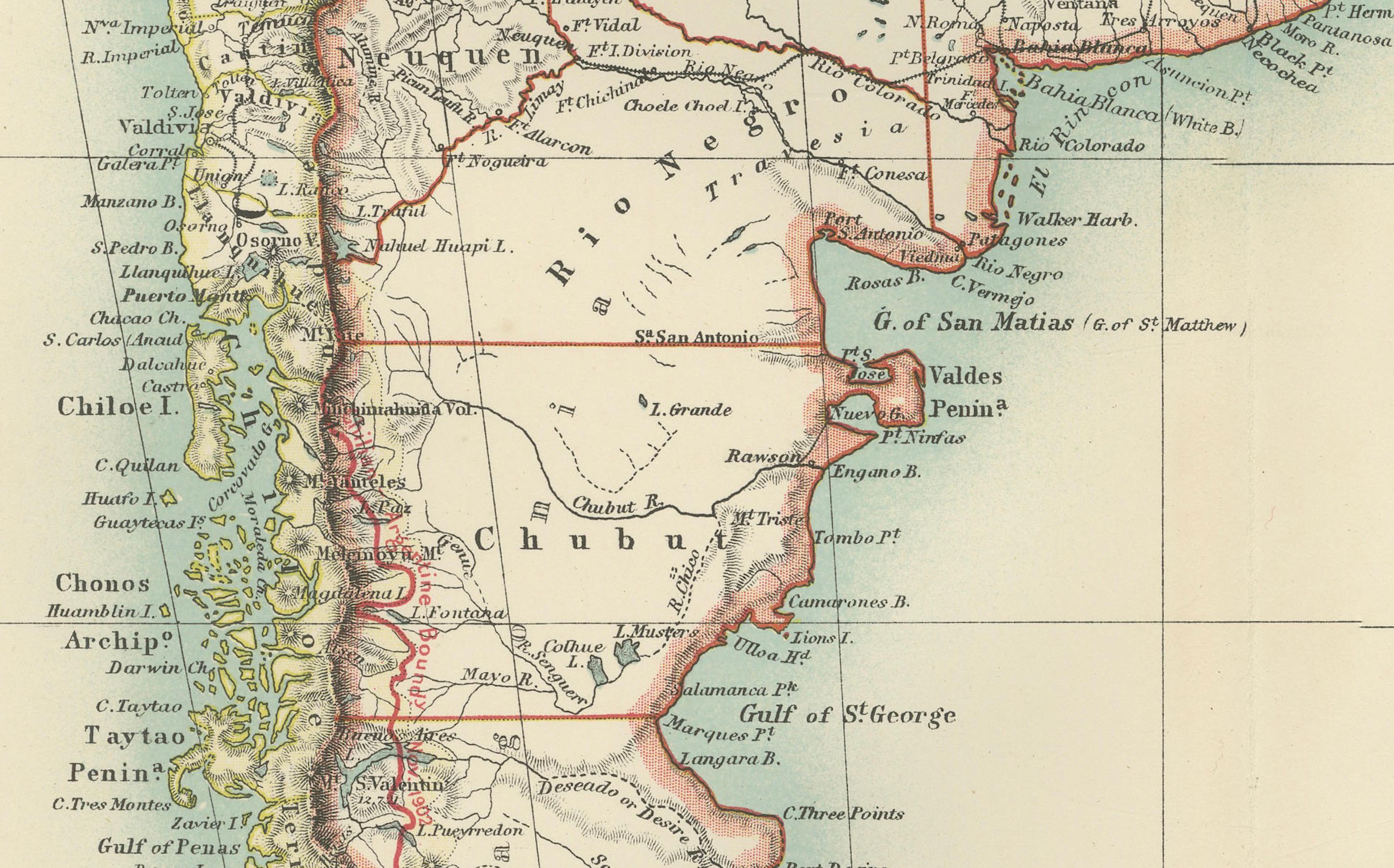 Mapa del sur de Sudamérica - Grabado ricamente detallado de K.Johnston, 1903 en venta 2