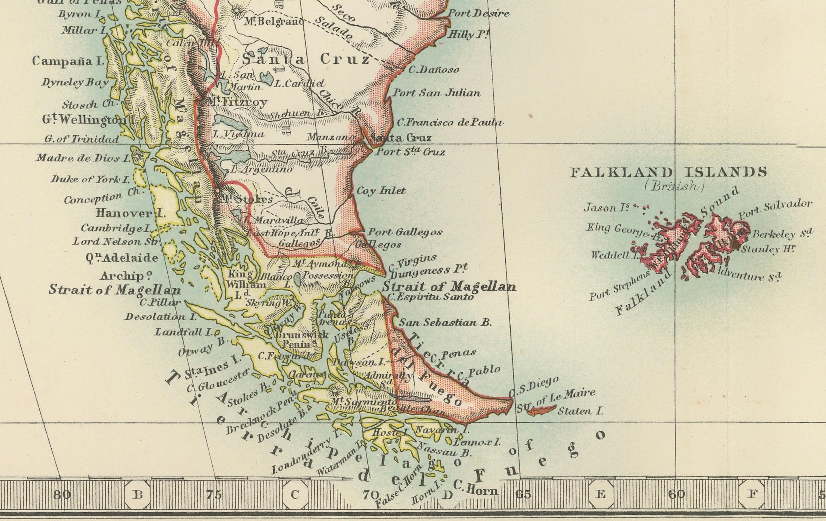 Mapa del sur de Sudamérica - Grabado ricamente detallado de K.Johnston, 1903 en venta 3