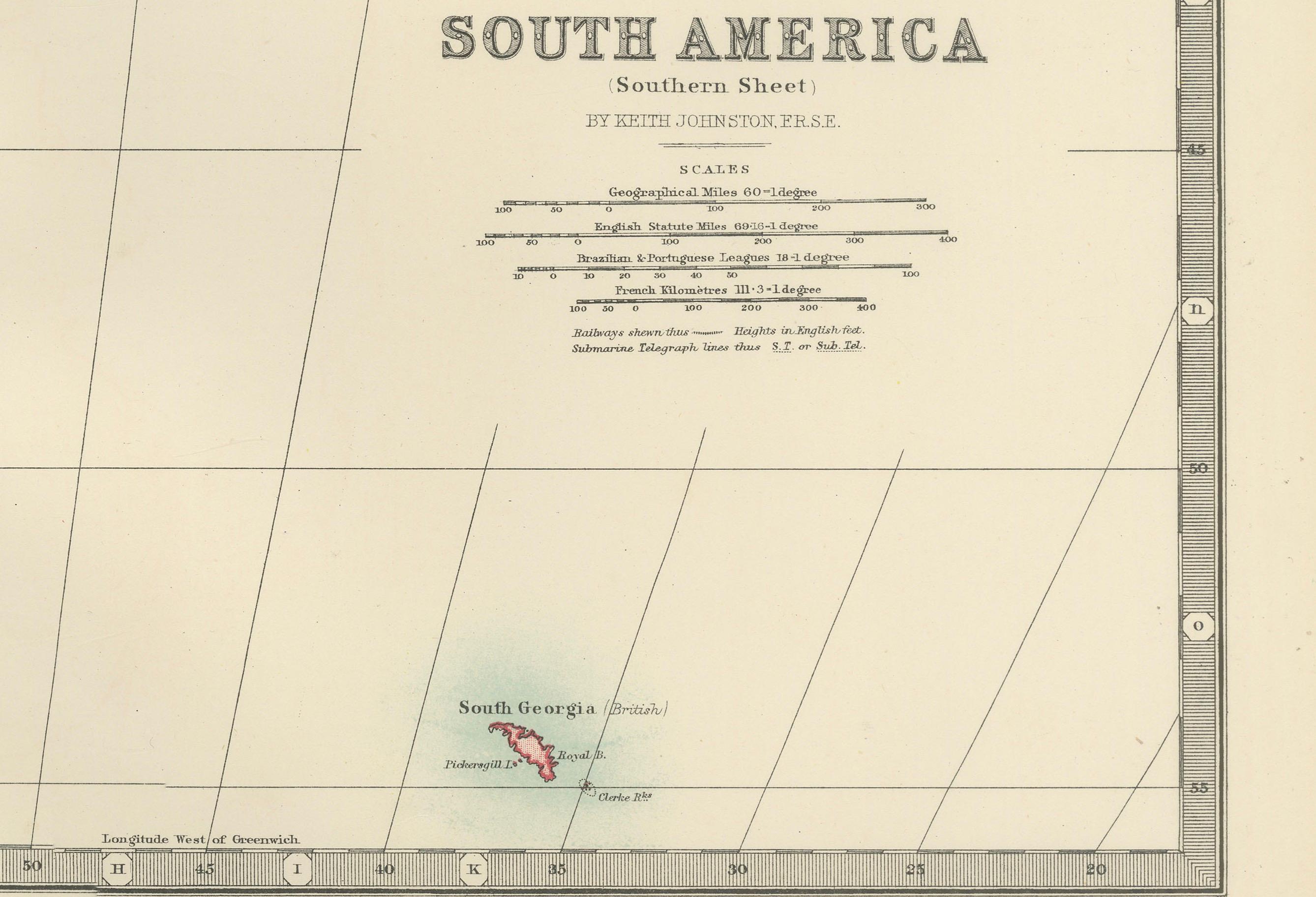Mapa del sur de Sudamérica - Grabado ricamente detallado de K.Johnston, 1903 en venta 4