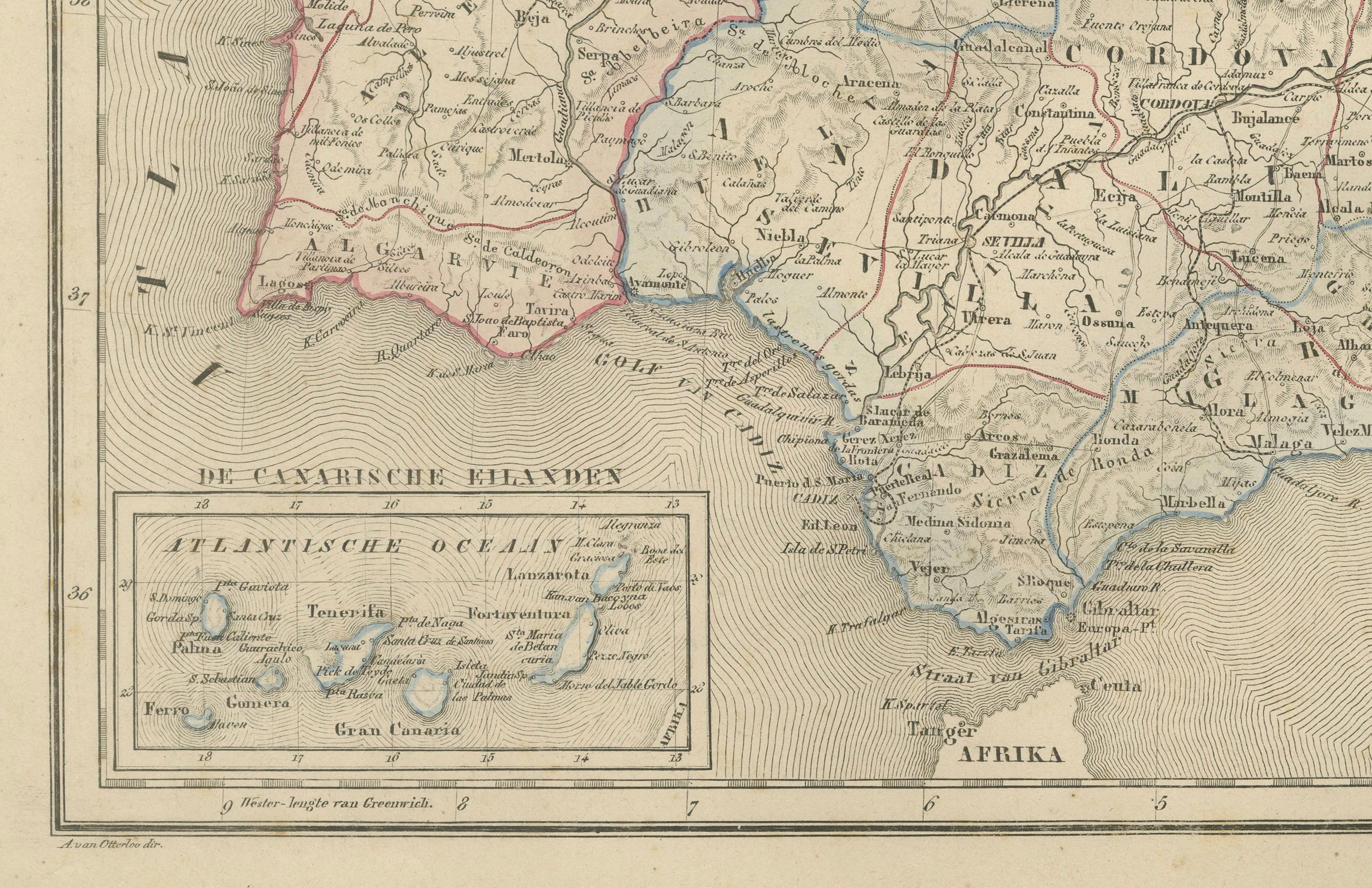 Fine XIX secolo Mappa di Spagna e Portogallo - Nieuwe Hand-Atlas di Frijlink & van Otterloo, 1876 in vendita