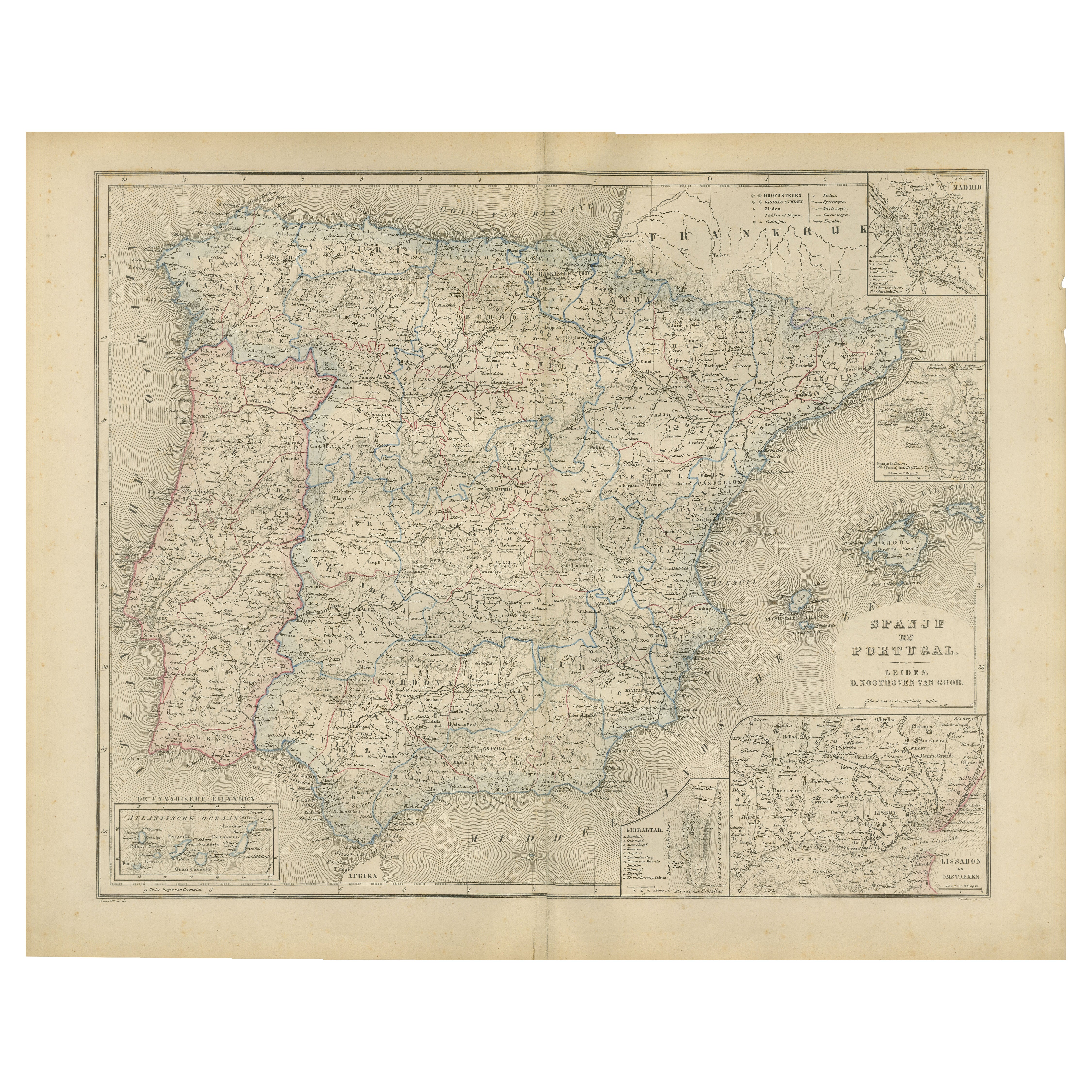 Carte de l
Espagne et du Portugal - Nieuwe Hand-Atlas par Frijlink 
van Otterloo, 1876