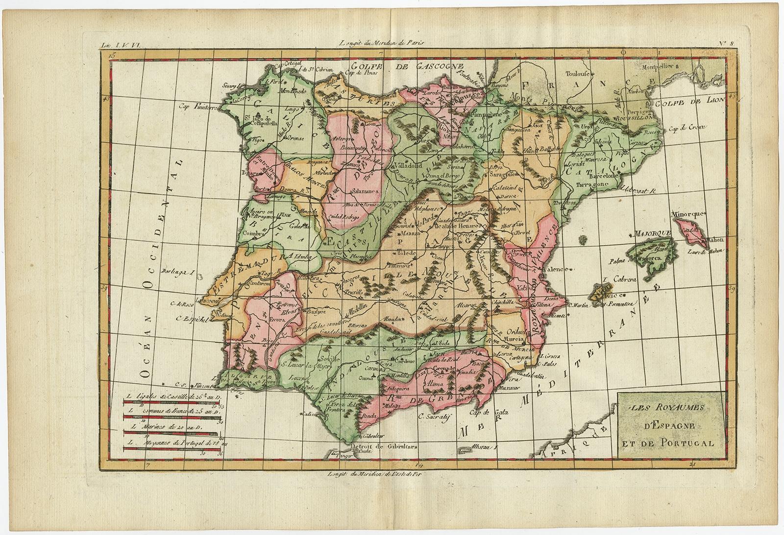 Antique map titled 'Les Royaumes d'Espagne et de Portugal.' 

Map of Spain and Portugal. Includes the islands of Ibiza, Minorque, and Majorque. Shows towns, rivers, some topographical features, political boundaries and important roadways. Source