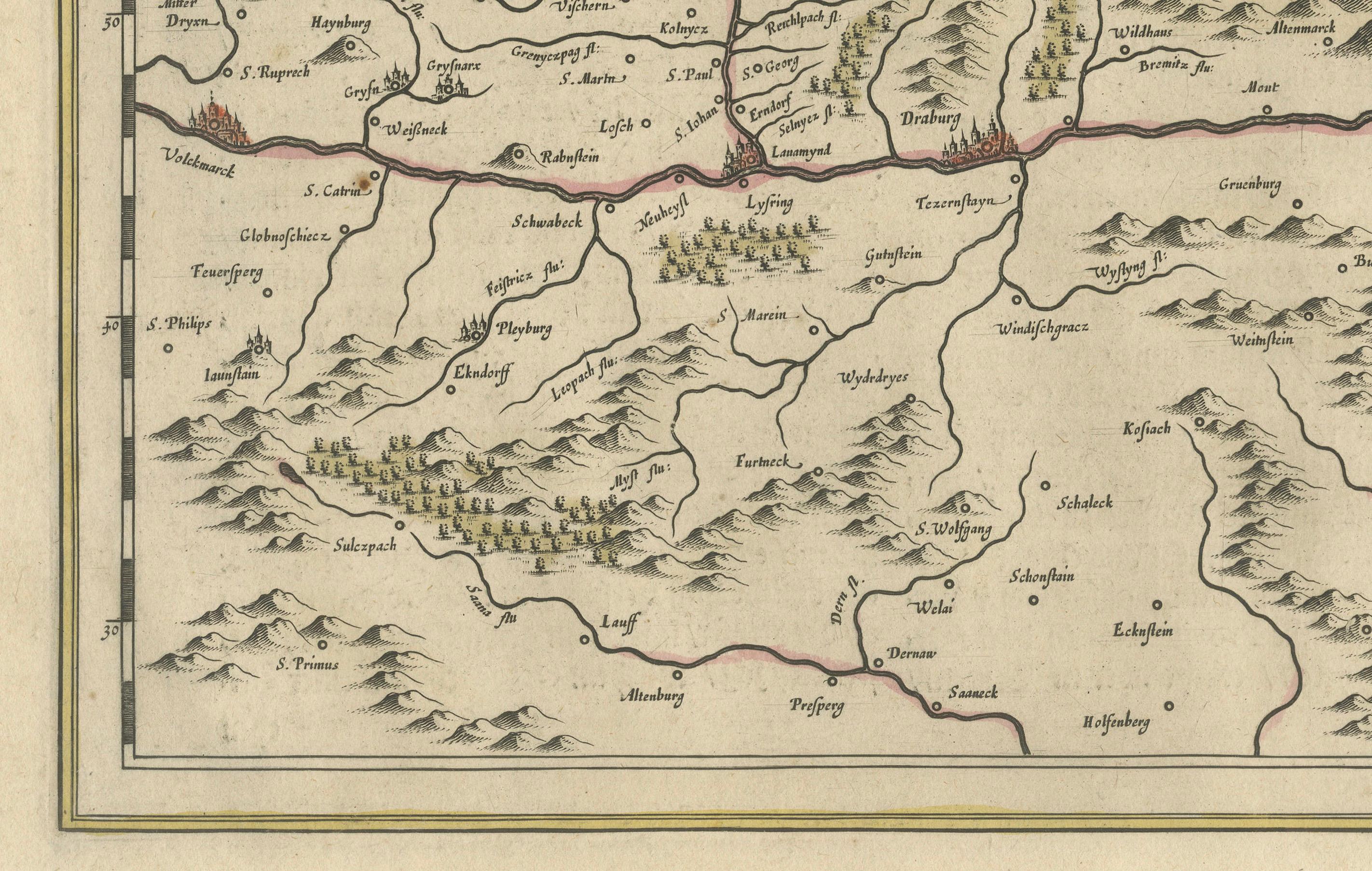 Cette carte de 1645, réalisée par Willem Janszoon Blaeu, représente la Styrie (Steyrmark), une région historique de l'Autriche actuelle, située dans les régions alpines. Blaeu, l'un des cartographes les plus importants de l'âge d'or de la