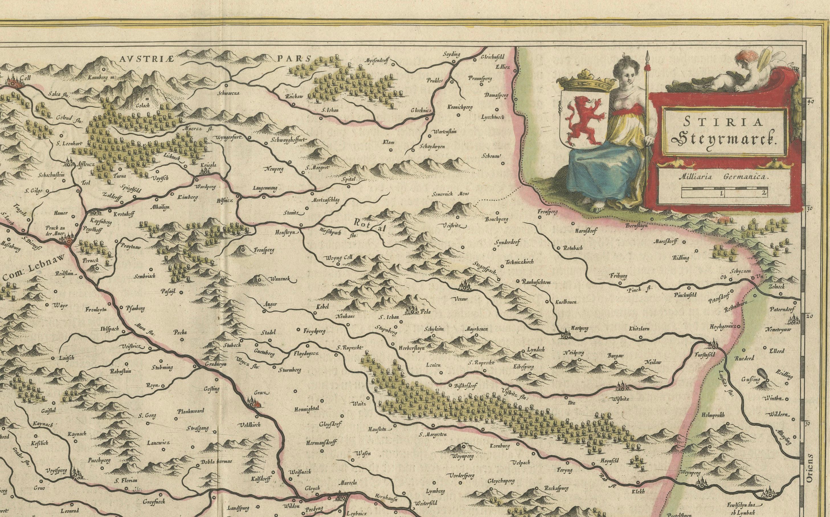 Carte de la Styrie par William Williams, 1645 : un chef-d'œuvre de la cartographie du XVIIe siècle Bon état - En vente à Langweer, NL