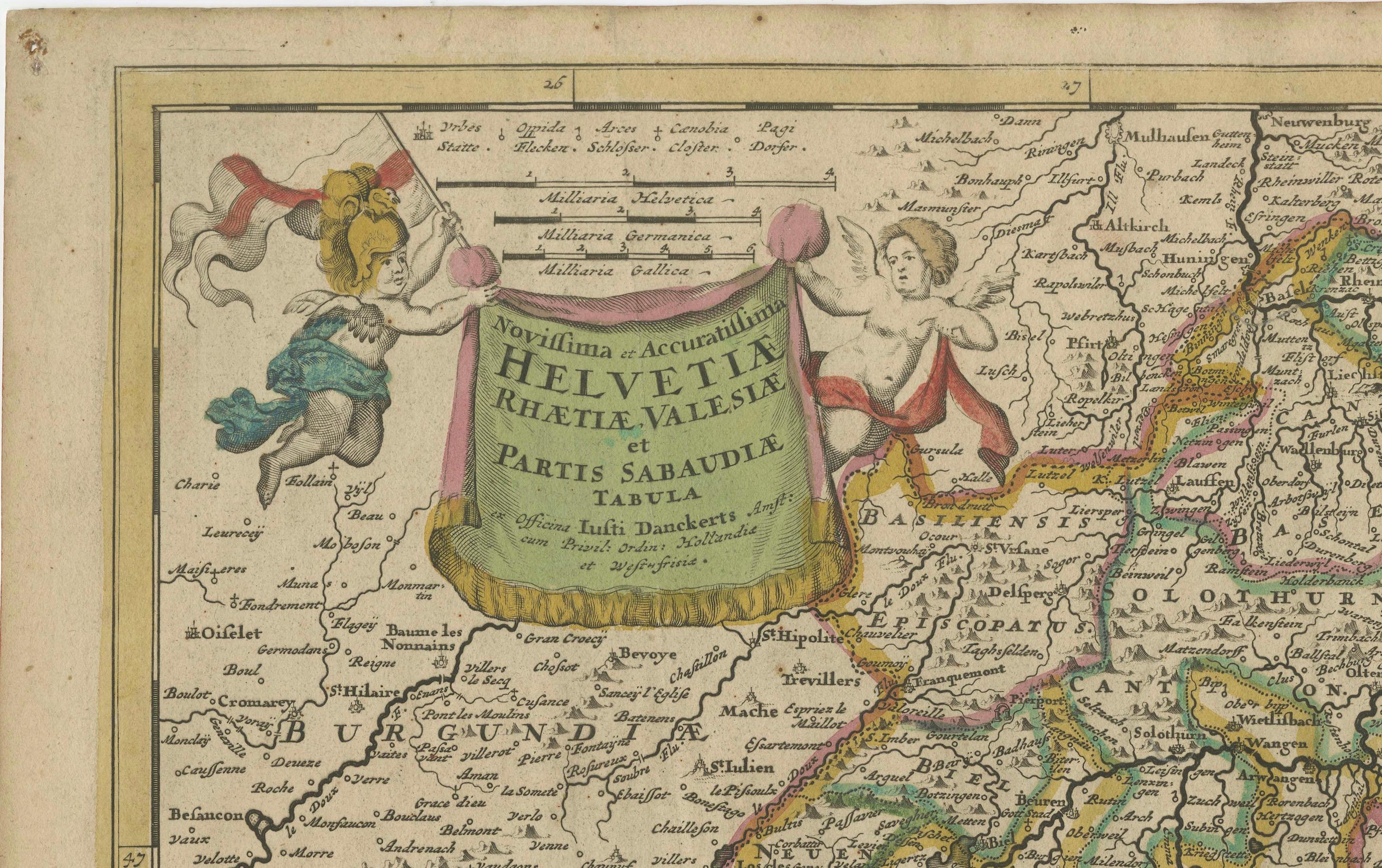 Map of Switzerland by Justus Danckerts, Hand-Colored Engraving ca. 1690 For Sale 4