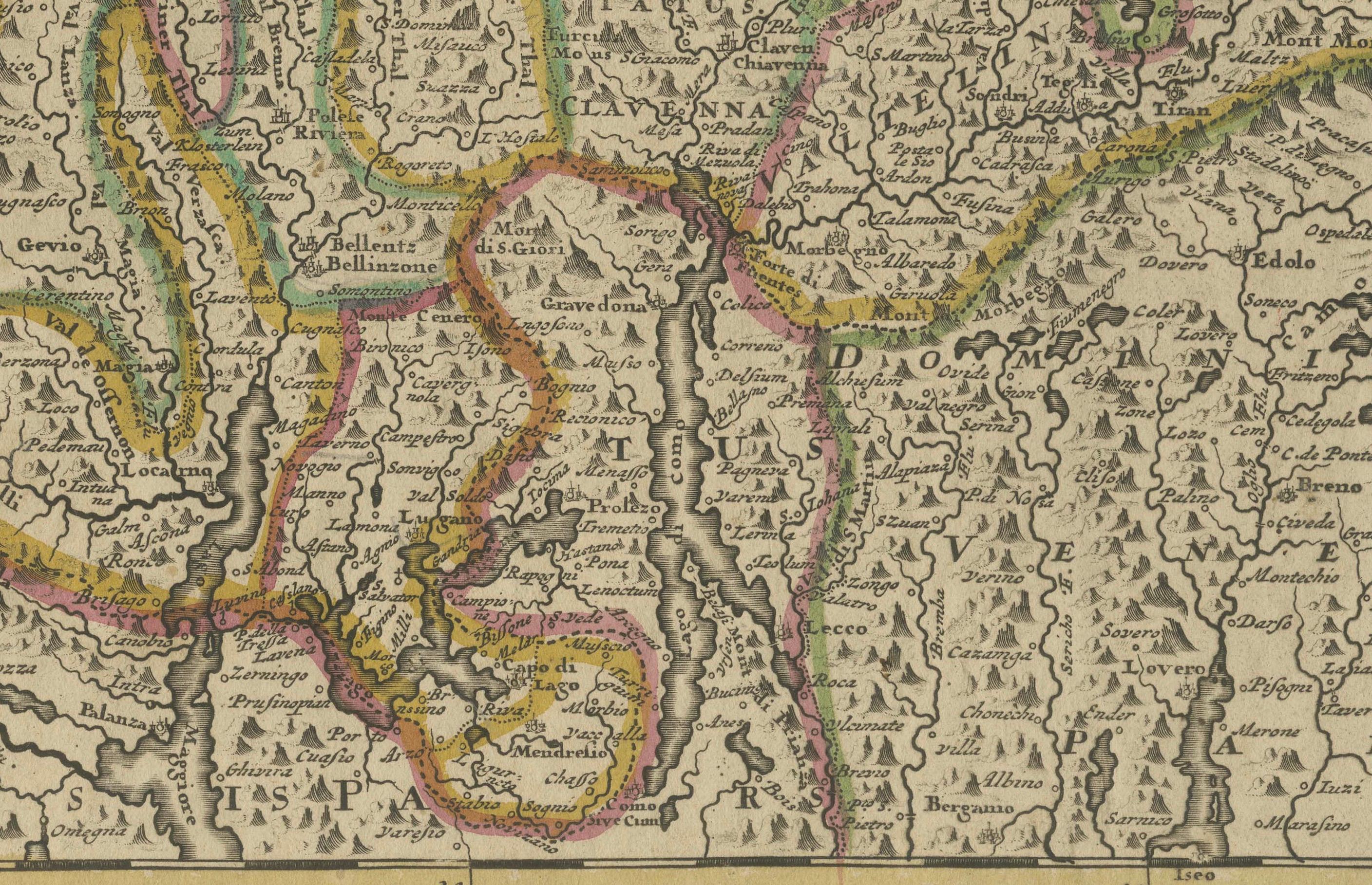 Map of Switzerland by Justus Danckerts, Hand-Colored Engraving ca. 1690

This detailed and attractively hand-colored antique map titled *Helvetiae Rhaetiae et Valesiae, nec non partis Sabaudiae Tabula* was engraved and published by Justus Danckerts