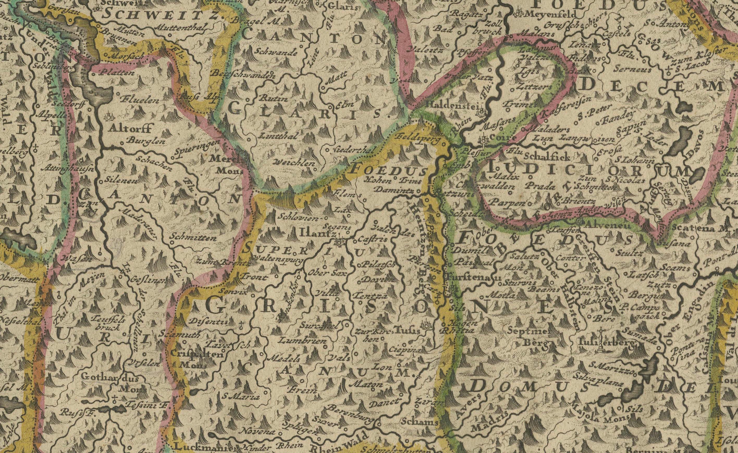 Engraved Map of Switzerland by Justus Danckerts, Hand-Colored Engraving ca. 1690 For Sale