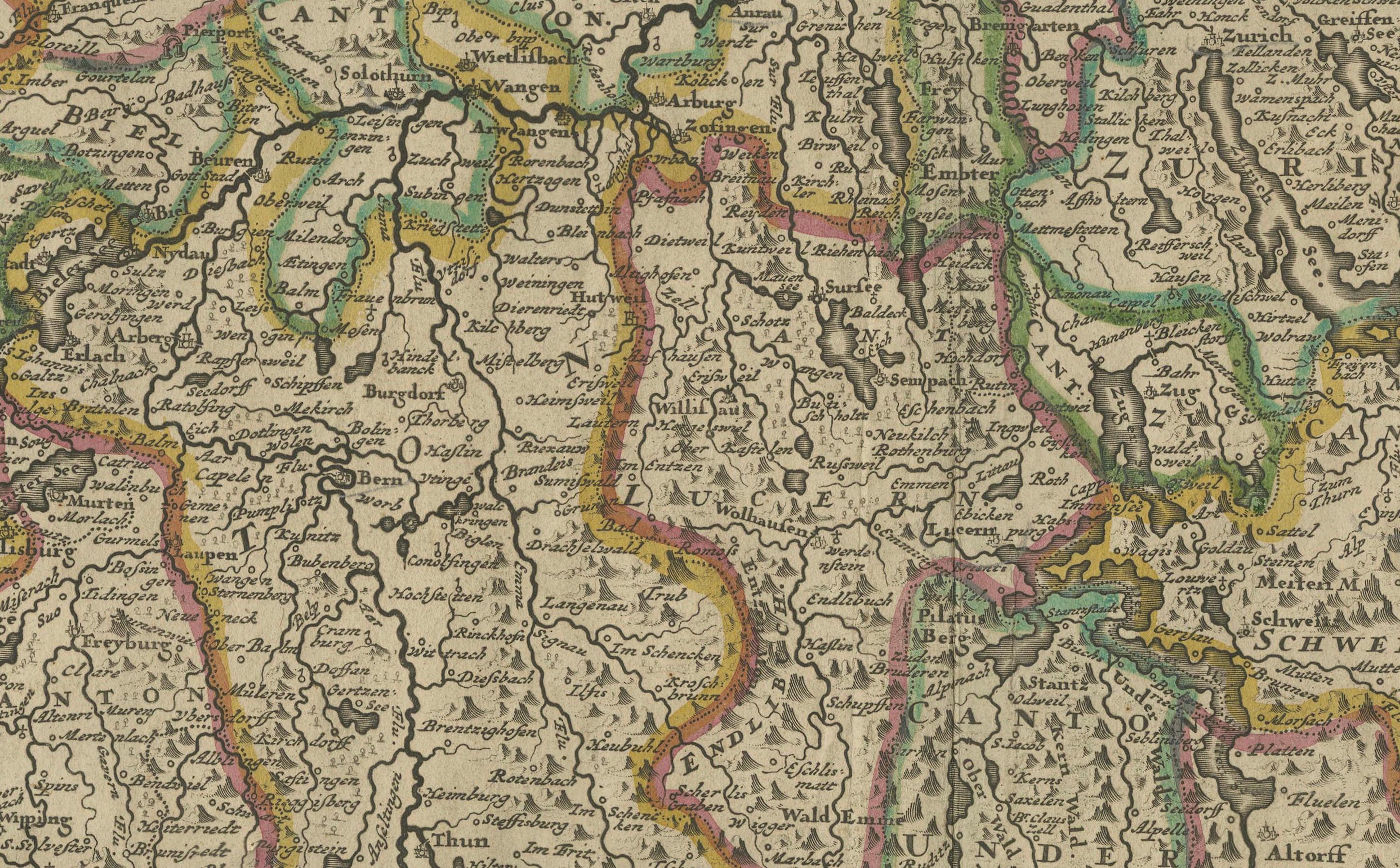 Map of Switzerland by Justus Danckerts, Hand-Colored Engraving ca. 1690 In Good Condition For Sale In Langweer, NL