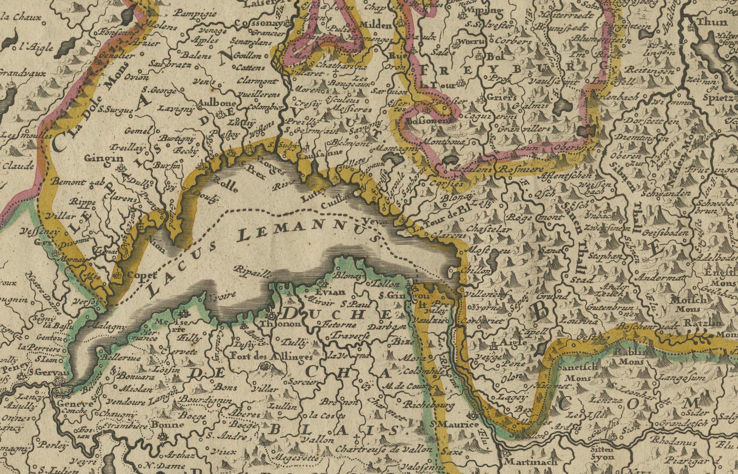 Paper Map of Switzerland by Justus Danckerts, Hand-Colored Engraving ca. 1690 For Sale