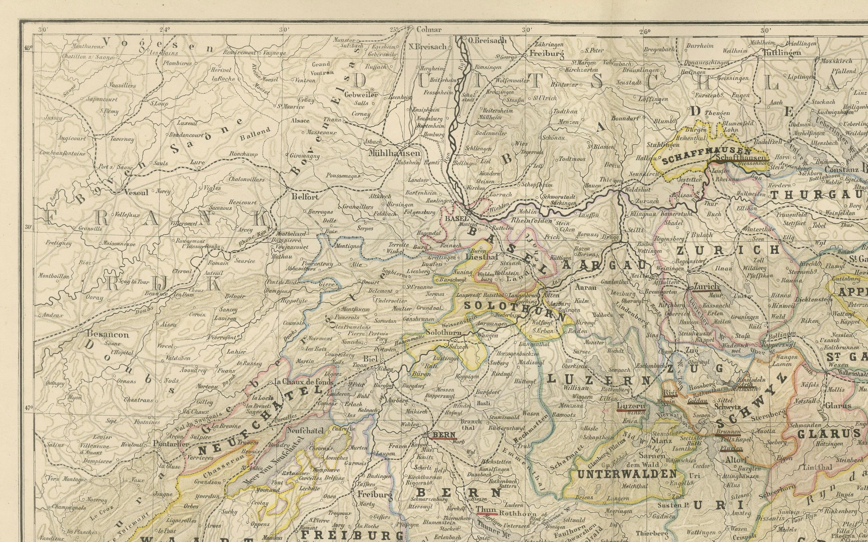 Carte de la Suisse avec les limites cantonales - Nieuwe Hand-Atlas, 1876

Cette carte finement détaillée du XIXe siècle, intitulée 