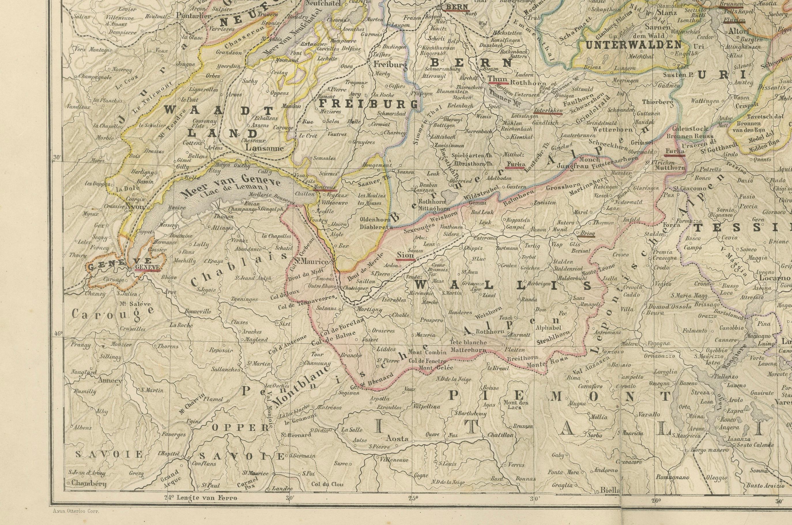 Néerlandais Carte de la Suisse avec les limites cantonales - Nieuwe Hand-Atlas, 1876 en vente