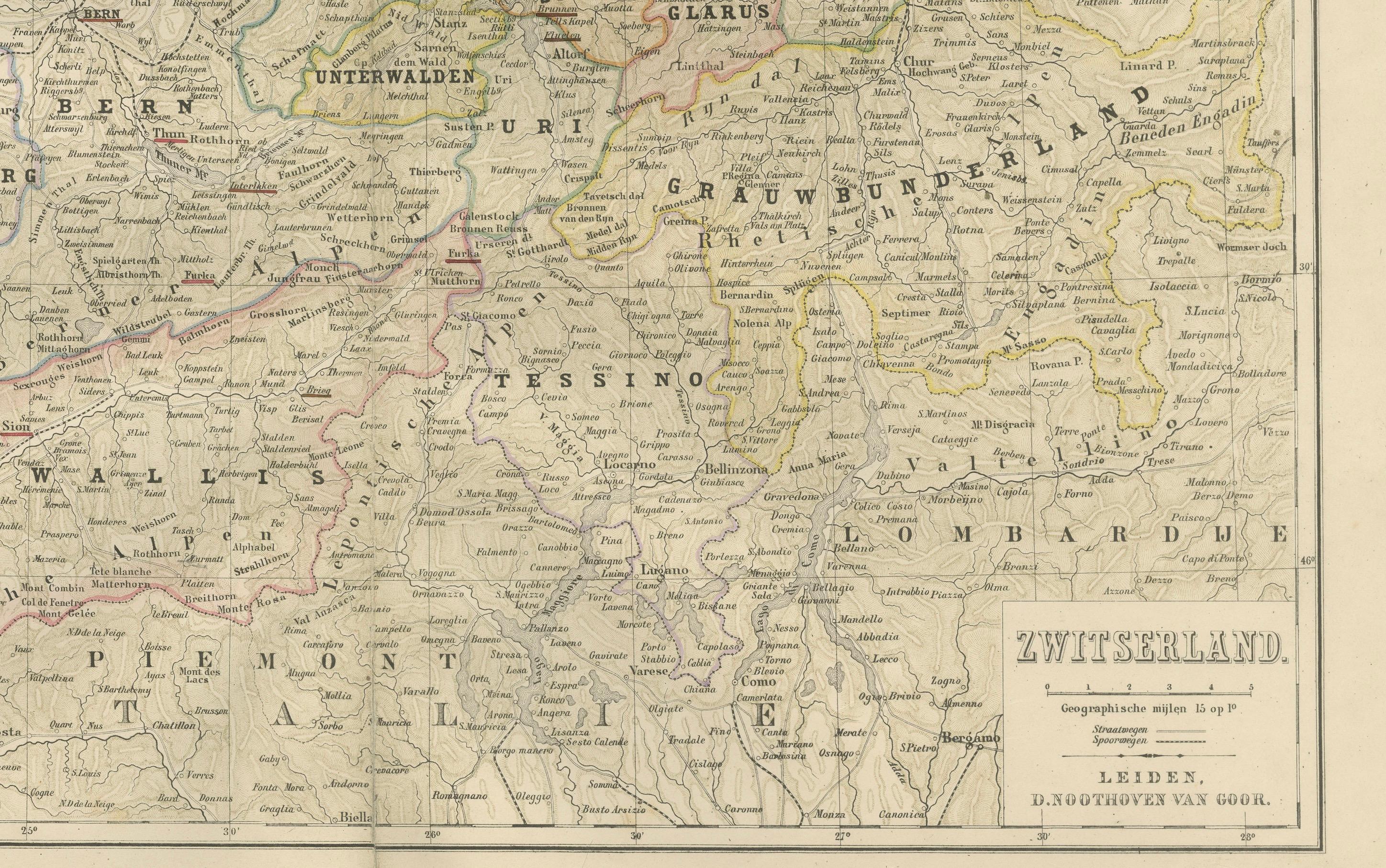 Carte de la Suisse avec les limites cantonales - Nieuwe Hand-Atlas, 1876 Bon état - En vente à Langweer, NL