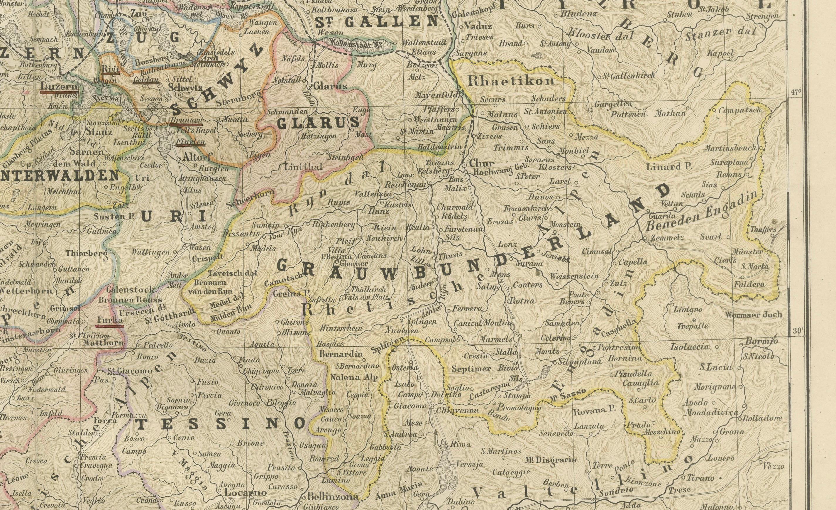 Fin du XIXe siècle Carte de la Suisse avec les limites cantonales - Nieuwe Hand-Atlas, 1876 en vente