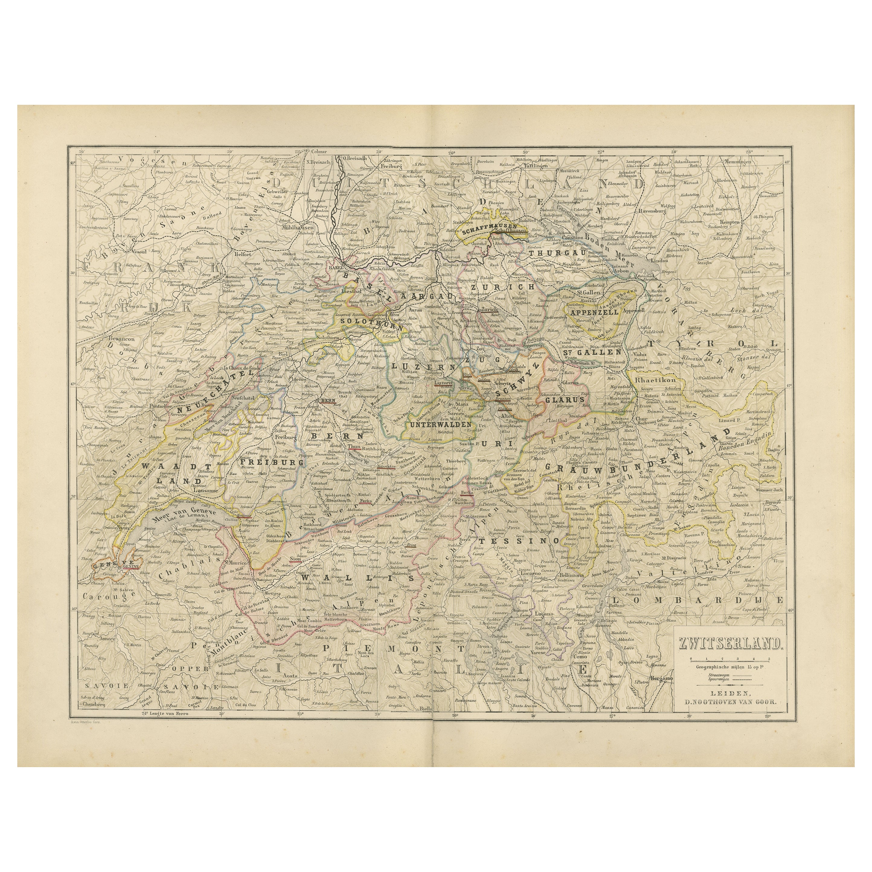 Carte de la Suisse avec les limites cantonales - Nieuwe Hand-Atlas, 1876